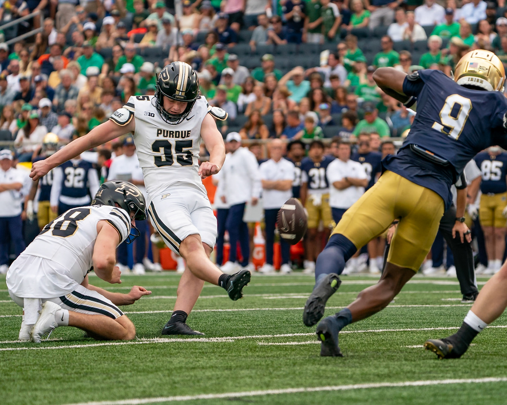 SOUTH BEND, IN - SEPTEMBER 20, 2025: Purdue University Sophomore Kicker Spencer Porath (35) puts through a field goal as Purdue University Senior Punter Jack McCallister (38) holds the ball during the Purdue Boilermakers at Notre Dame Fighting Irish Football at Notre Dame Stadium(Photo by Steve Bowen / Northern Indiana Sports Report)