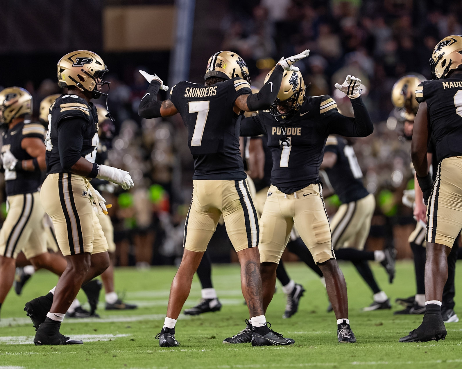 WEST LAFAYETTE, IN - OCTOBER 10, 2026: Purdue University Junior Defensive Back Smiley Bradford (1), Purdue University Senior Defensive Back Donovan Saunders (7) during the Purdue Boilermakers vs Minnesota Golden Gophers football game at Ross-Ade Stadium(Photo by Steve Bowen / Northern Indiana Sports Report)