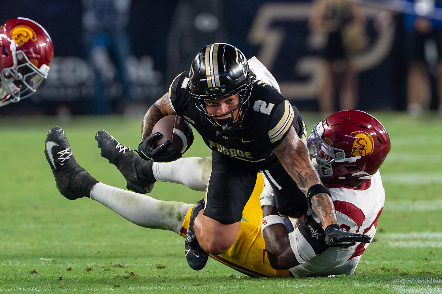 WEST LAFAYETTE, IN - SEPTEMBER 13, 2025: Purdue University Senior Wide Receiver Michael Jackson III (2), USC Sophomore LB Desman Stephens II (23) in Purdue Boilermaker Football vs University of Southern California Trojans at Ross-Ade Stadium(Photo by Steve Bowen / Northern Indiana Sports Report)