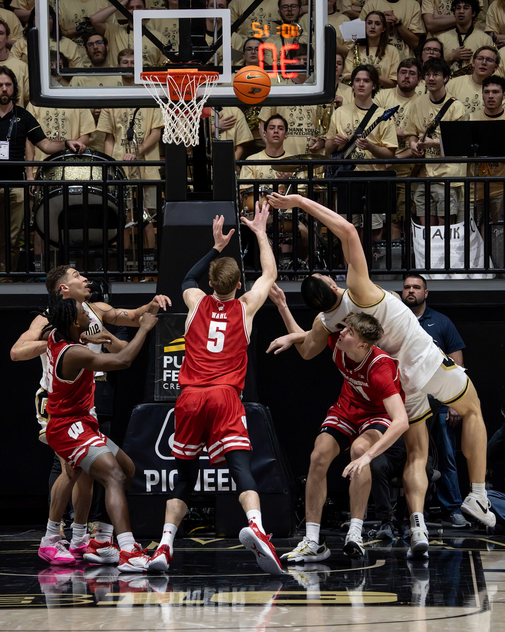 WEST LAFAYETTE, IN - MARCH 10, 2024: Purdue Senior Center Zach Edey (15), Wisconsin Freshman Forward Nolan Winter (31), Wisconsin Graduate Forward Tyler Wahl (5) competing in Purdue University Boilermaker Basketball vs University of Wisconsin Badgers at Mackey Arena(Photo by Steve Bowen / Bowen Arrow Photography / Northern Indiana Sports Report)