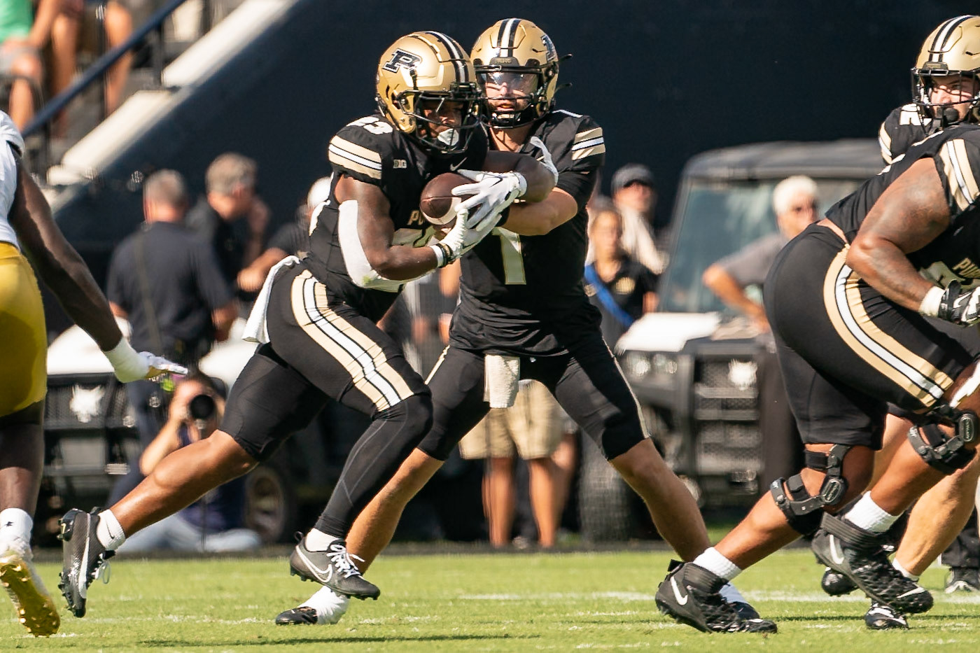 WEST LAFAYETTE, IN - SEPTEMBER 14, 2024: Purdue Sr. Quaterback Hudson Card (1), Purdue Sr. Running Back Reggie Love III (23) during the Purdue University Boilermakers vs Notre Dame Fighting Irish Football game at Ross-Ade Stadium(Photo by Steve Bowen / Bowen Arrow Photography / Northern Indiana Sports Report)
