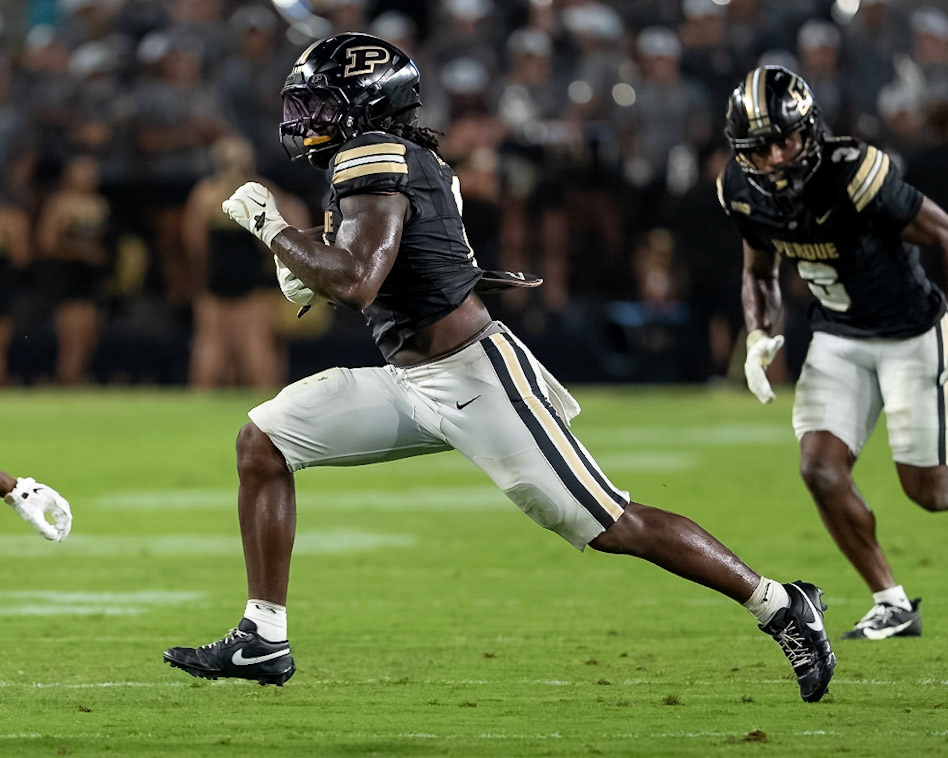 WEST LAFAYETTE, IN - SEPTEMBER 4, 2026: Purdue University Sophomore Running Back Fame Ijeboi (2) racing down the field during the Purdue Boilermaker Football game vs the Indiana State Sycamores at Ross-Ade Stadium(Photo by Steve Bowen / Northern Indiana Sports Report)