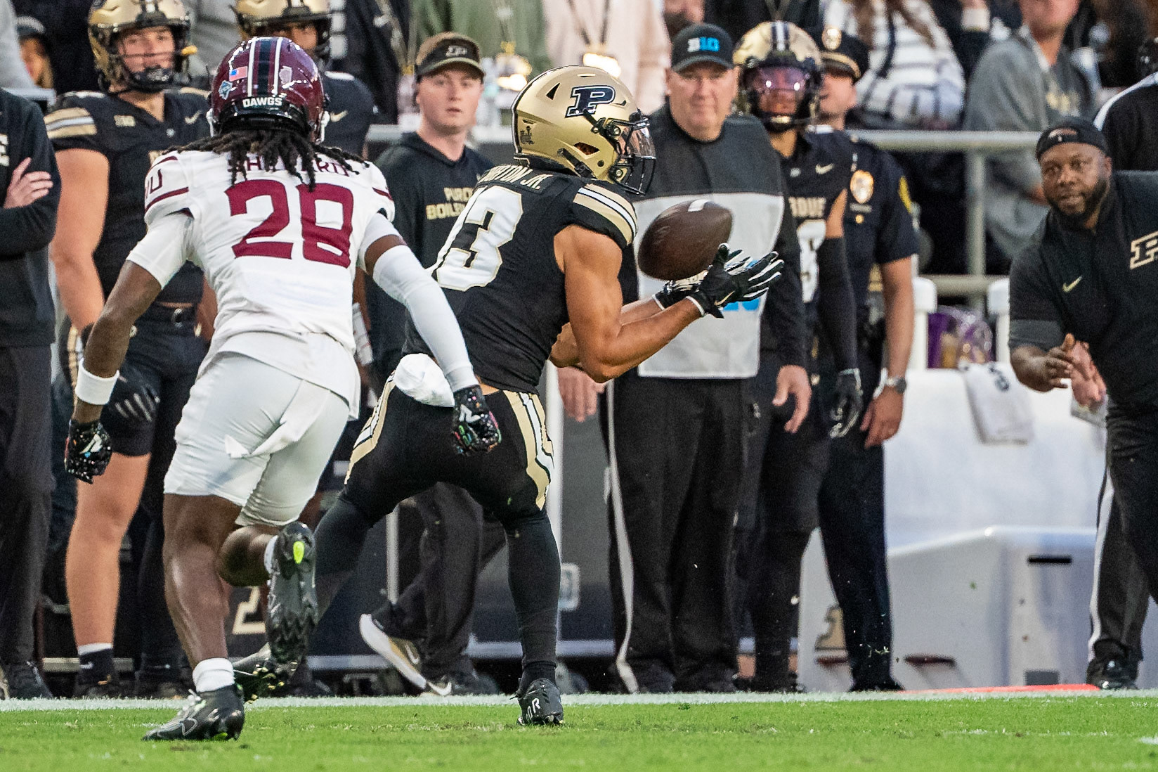 WEST LAFAYETTE, IN - SEPTEMBER 6, 2025: Purdue University Senior Wide Receiver EJ Horton Jr. (13) catches a pass as Southern Illinois University R-Fr. CB Gavin Shepard (29) at Purdue Boilermaker Football vs Southern Illinois Saluki Football at Ross-Ade Stadium(Photo by Steve Bowen / Northern Indiana Sports Report)