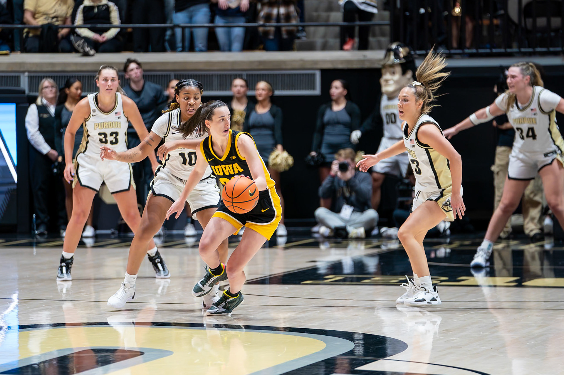 WEST LAFAYETTE, IN - JANUARY 10, 2024: Iowa Guard Senior Caitlin Clark (22), Purdue 5th Year Guard Jeanae Terry (10), Purdue 5th Year Guard Abbey Ellis (23) competing in Purdue Boilermaker Women's Basketball vs the Iowa Hawkeyes at Mackey Arena(Photo by Steve Bowen / Bowen Arrow Photography / Northern Indiana Sports Report)