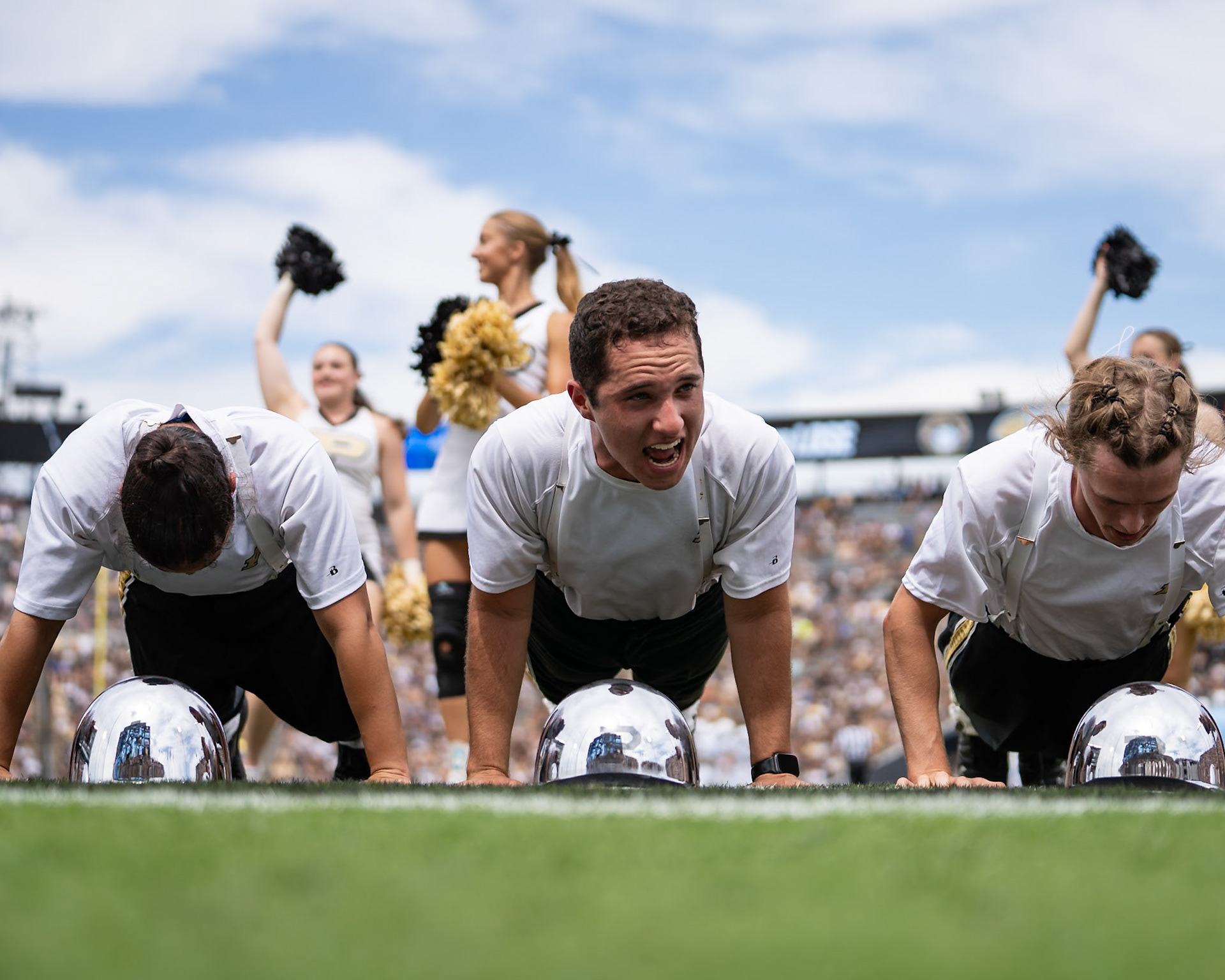 WEST LAFAYETTE, IN - AUGUST 31, 2024: Purdue Drum Corp complete pushups after a touchdown in the Purdue Boilermaker vs Indiana State Sycamores football game at Ross-Ade Stadium(Photo by Steve Bowen / Bowen Arrow Photography / Northern Indiana Sports Report)