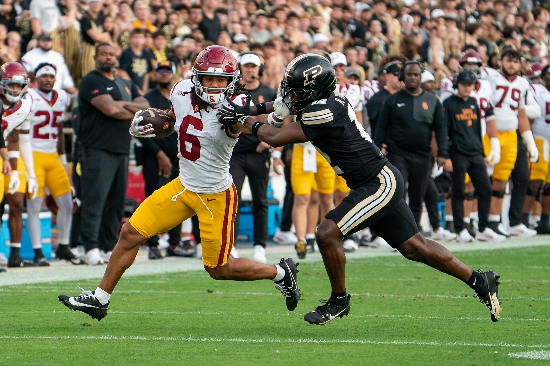 WEST LAFAYETTE, IN - SEPTEMBER 13, 2025: USC Junior WR Makai Lemon (6), Purdue University Junior Defensive Back Ryan Turner (12) in Purdue Boilermaker Football vs University of Southern California Trojans at Ross-Ade Stadium(Photo by Steve Bowen / Northern Indiana Sports Report)