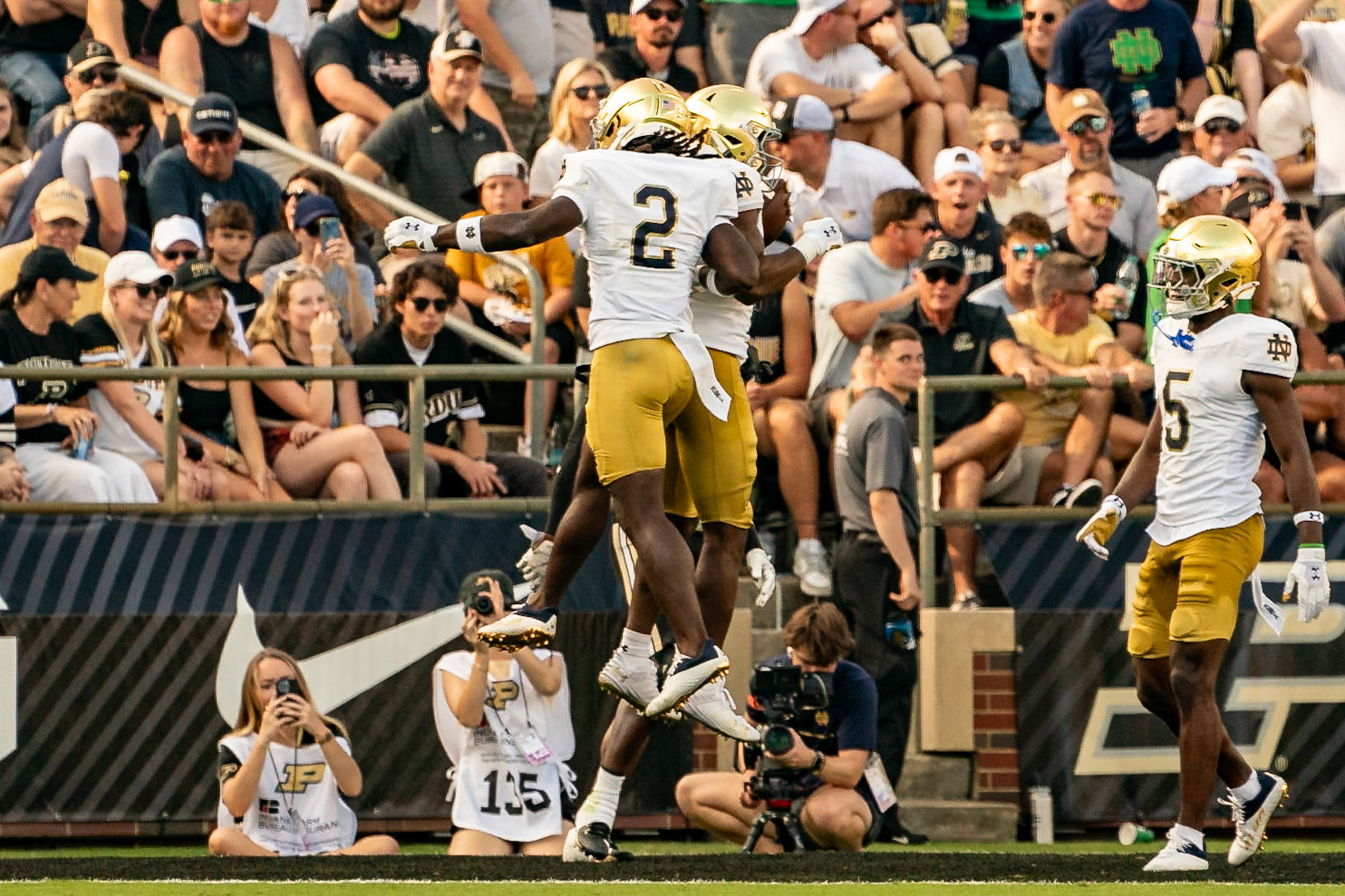 WEST LAFAYETTE, IN - SEPTEMBER 14, 2024: Notre Dame Sophomore RB Jadarian Price (24), Notre Dame Grad Student WR Jayden Harrison (2) during the Purdue University Boilermakers vs Notre Dame Fighting Irish Football game at Ross-Ade Stadium(Photo by Steve Bowen / Bowen Arrow Photography / Northern Indiana Sports Report)