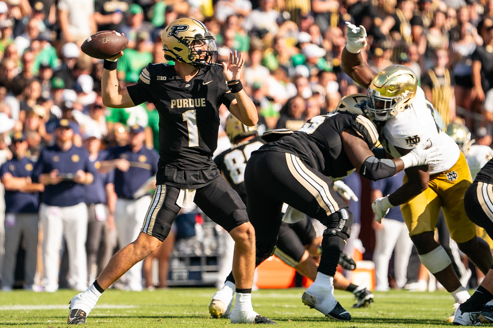 WEST LAFAYETTE, IN - SEPTEMBER 14, 2024: Purdue Sr. Quaterback Hudson Card (1) during the Purdue University Boilermakers vs Notre Dame Fighting Irish Football game at Ross-Ade Stadium(Photo by Steve Bowen / Bowen Arrow Photography / Northern Indiana Sports Report)