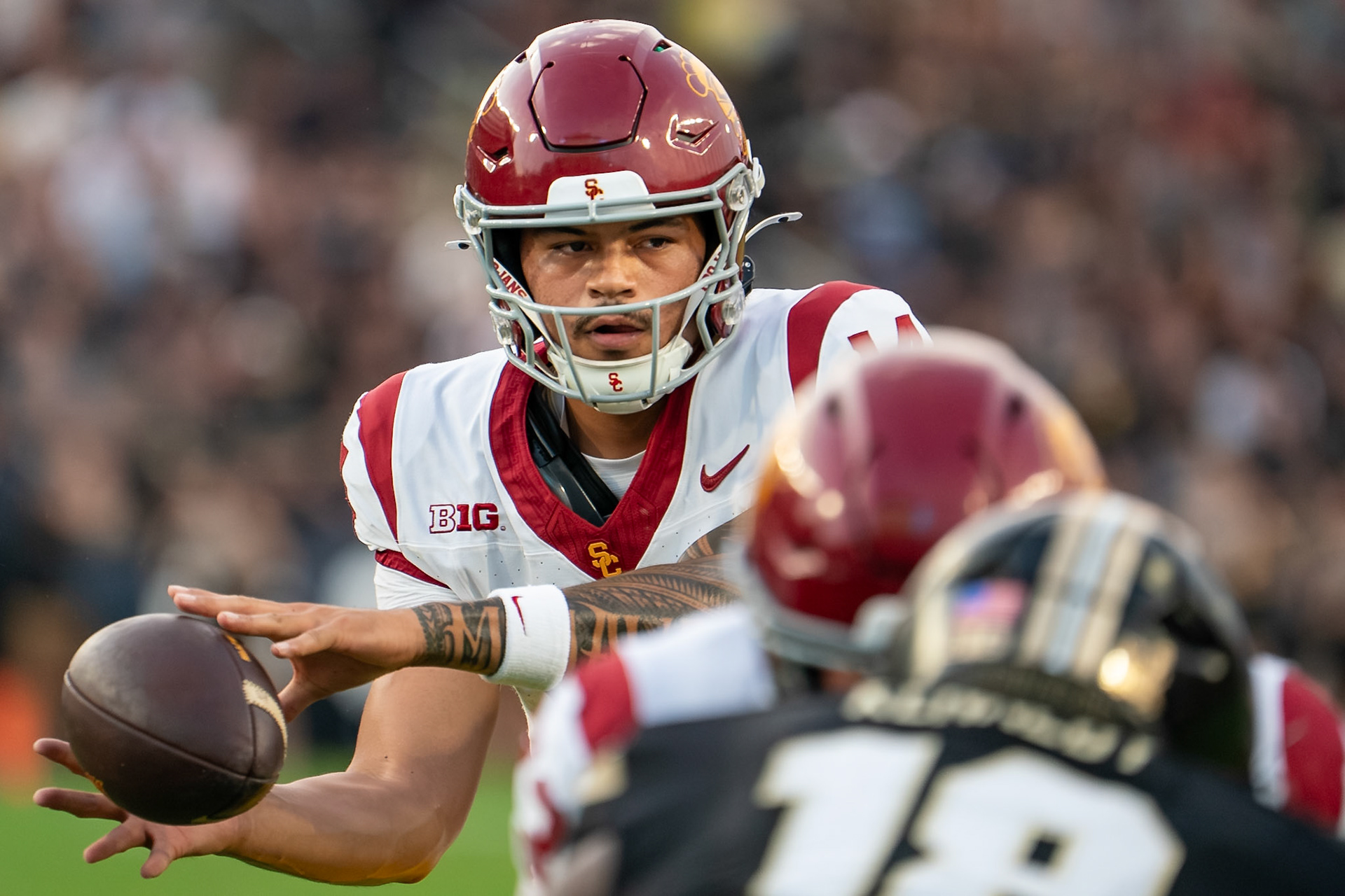 WEST LAFAYETTE, IN - SEPTEMBER 13, 2025: USC Redshirt Junior QB Jayden Maiava (14) in Purdue Boilermaker Football vs University of Southern California Trojans at Ross-Ade Stadium(Photo by Steve Bowen / Northern Indiana Sports Report)