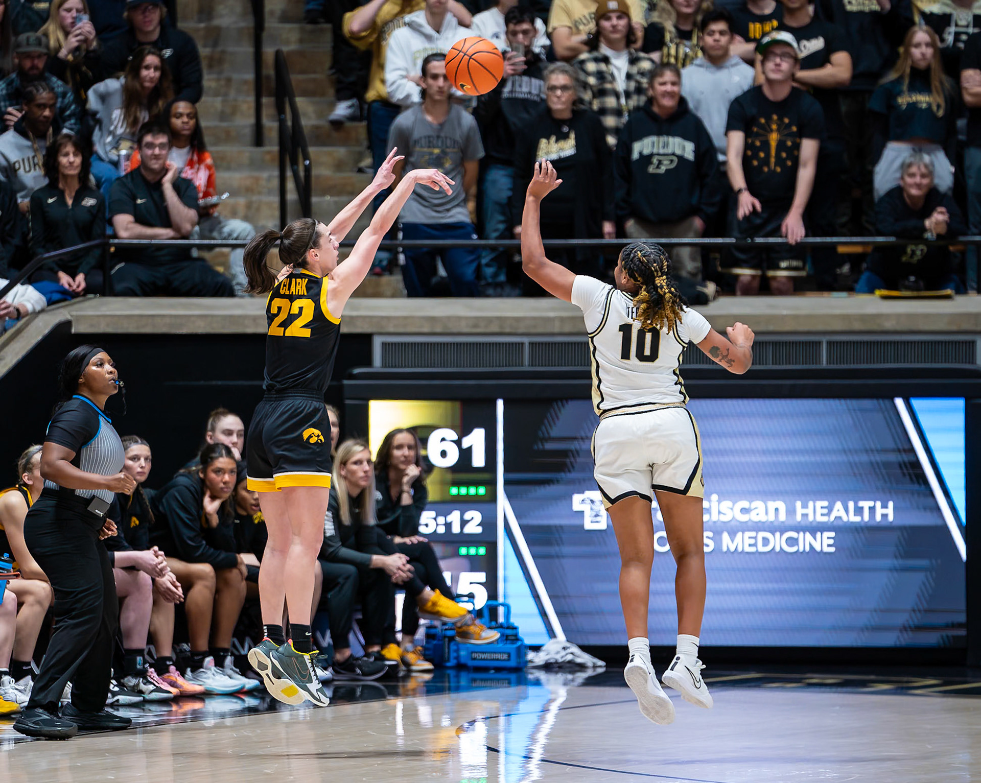 WEST LAFAYETTE, IN - JANUARY 10, 2024: Iowa Guard Senior Caitlin Clark (22), Purdue 5th Year Guard Jeanae Terry (10) competing in Purdue Boilermaker Women's Basketball vs the Iowa Hawkeyes at Mackey Arena(Photo by Steve Bowen / Bowen Arrow Photography / Northern Indiana Sports Report)