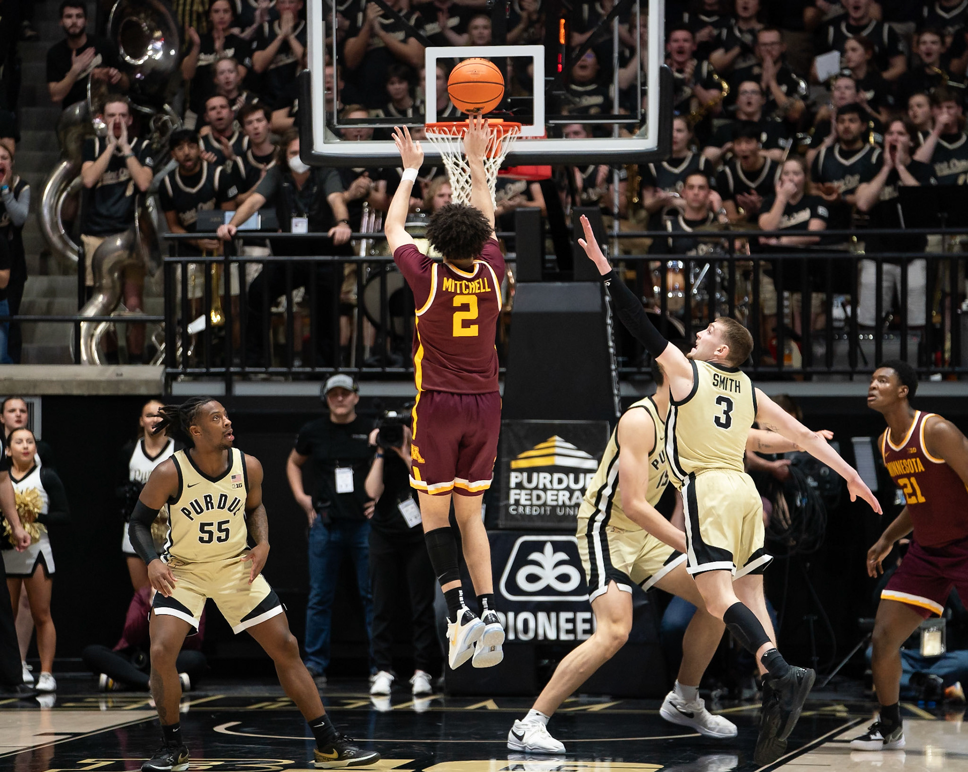 WEST LAFAYETTE, IN - FEBRUARY 15, 2024: Minnesota Junior Guard Mike Mitchell Jr. (2), Purdue Sophomore Guard Braden Smith (3), Purdue 5th year Guard Lance Jones (55) in Purdue Boilermakers Men's Basketball vs the Minnesota Golden Gophers at Mackey Arena(Photo by Steve Bowen / Bowen Arrow Photography / Northern Indiana Sports Report)