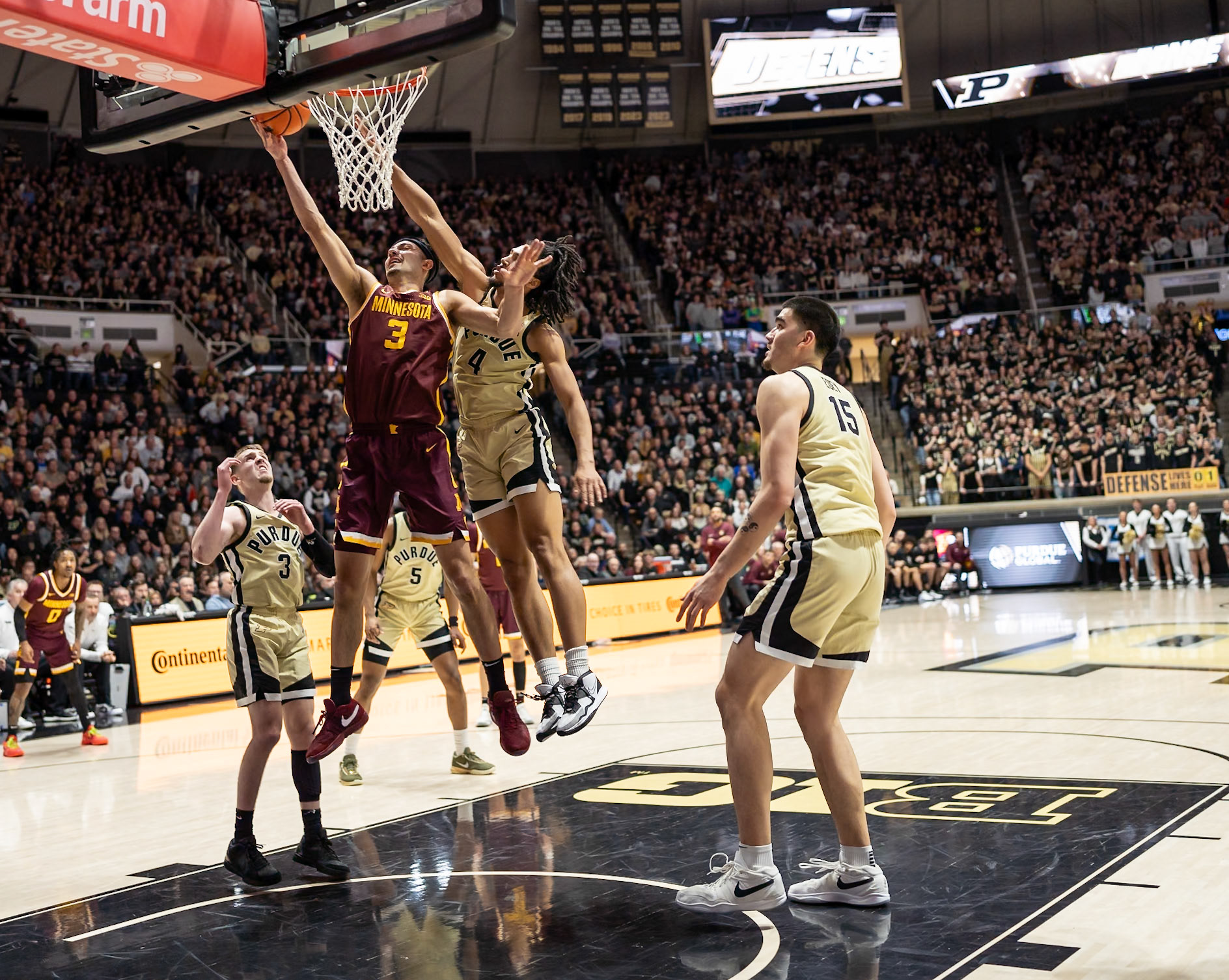 WEST LAFAYETTE, IN - FEBRUARY 15, 2024: Minnesota Junior Forward Dawson Garcia (3), Purdue Sophomore Forward Trey Kaufman-Renn (4) in Purdue Boilermakers Men's Basketball vs the Minnesota Golden Gophers at Mackey Arena(Photo by Steve Bowen / Bowen Arrow Photography / Northern Indiana Sports Report)