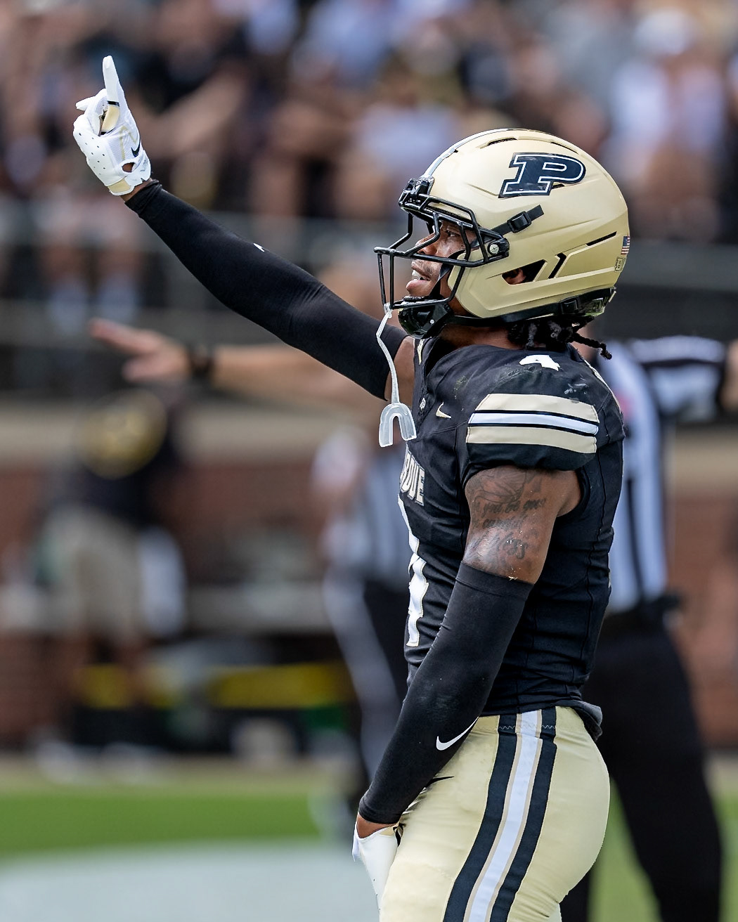 WEST LAFAYETTE, IN - SEPTEMBER 12, 2026: Purdue University Junior Defensive Back Hudauri Hines (4) tells the crowd "not on my watch" during the Purdue Boilermakers football game vs the Wake Forest Demon Deacons at Ross-Ade Stadium(Photo by Steve Bowen / Northern Indiana Sports Report)