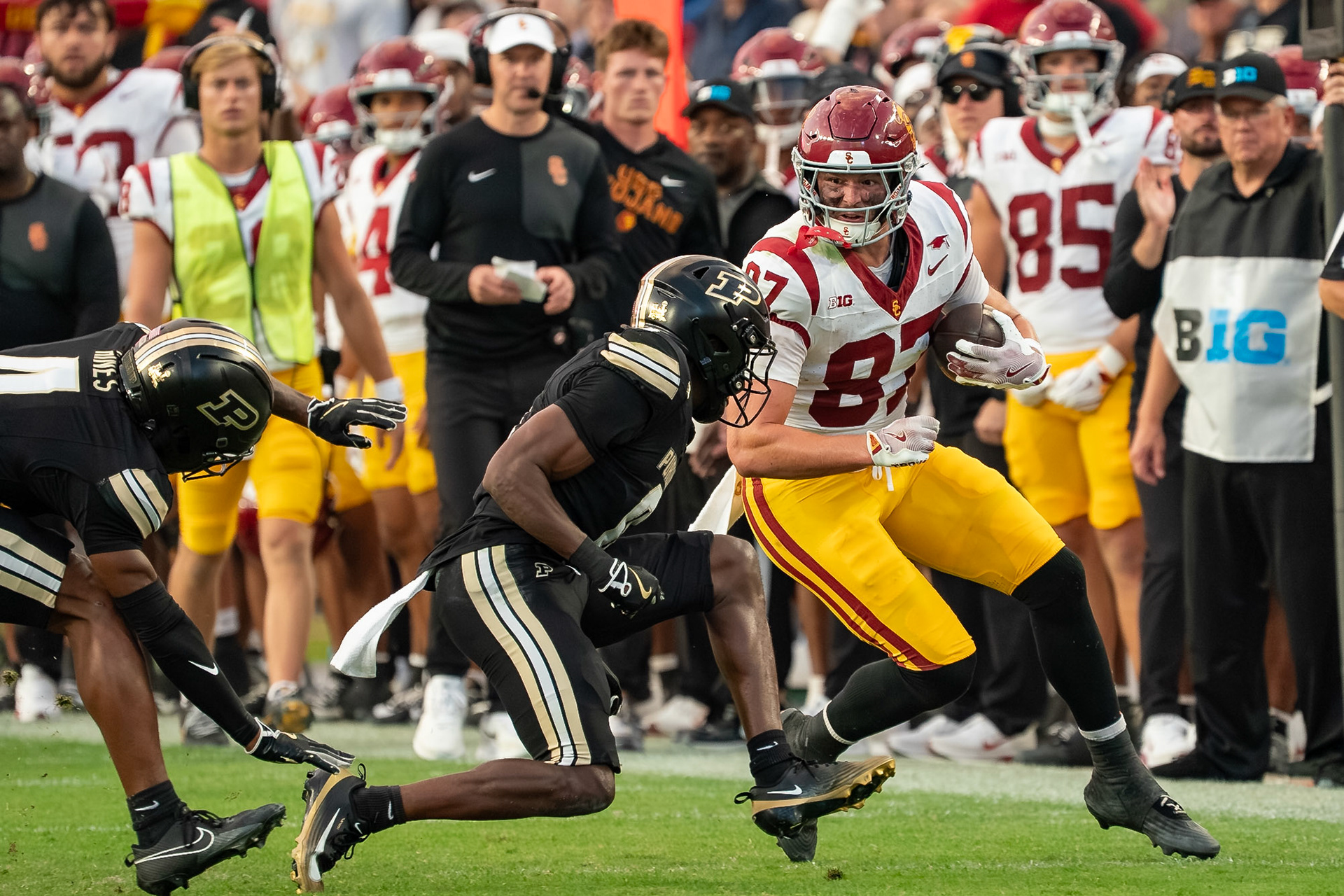 WEST LAFAYETTE, IN - SEPTEMBER 13, 2025: USC Redshirt Senior TE Lake McRee (87), Purdue University Senior Defensive Back Tony Grimes (0) in Purdue Boilermaker Football vs University of Southern California Trojans at Ross-Ade Stadium(Photo by Steve Bowen / Northern Indiana Sports Report)