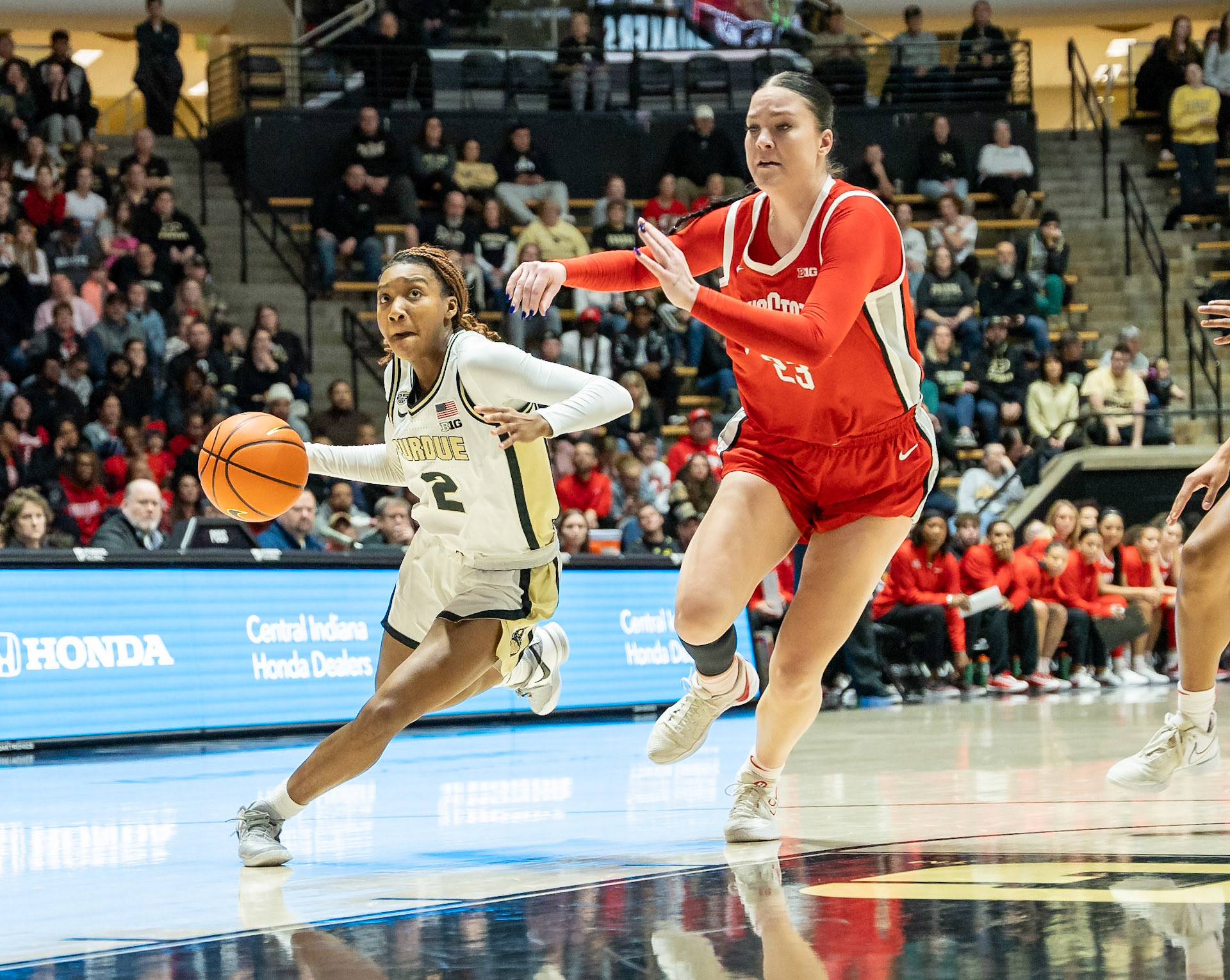 WEST LAFAYETTE, IN - JANUARY 28, 2024: Purdue Freshman Guard Rashunda Jones (2), Ohio State Forward Graduate Rebeka Mikulášiková (23) competing in Purdue Boilermaker Women's Basketball versus the Ohio State Buckeyes at Mackey Arena(Photo by Steve Bowen / Bowen Arrow Photography / Northern Indiana Sports Report)
