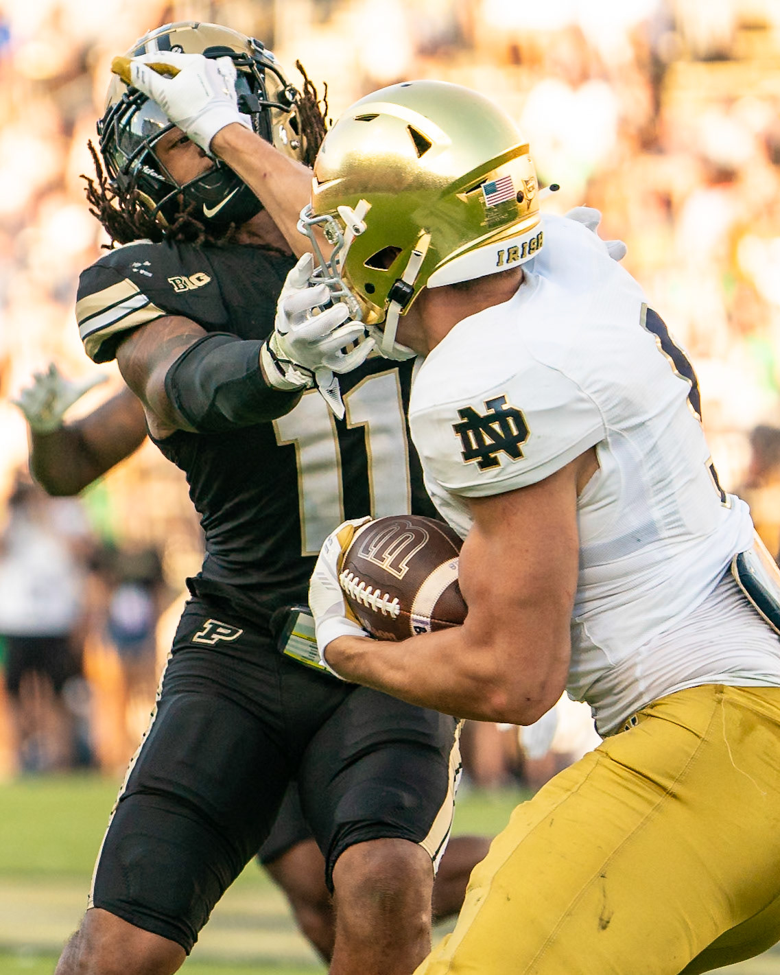 WEST LAFAYETTE, IN - SEPTEMBER 14, 2024: Notre Dame Junior TE Eli Raridon (9), Purdue Sr. Defensive Back Antonio Stevens (11) during the Purdue University Boilermakers vs Notre Dame Fighting Irish Football game at Ross-Ade Stadium(Photo by Steve Bowen / Bowen Arrow Photography / Northern Indiana Sports Report)