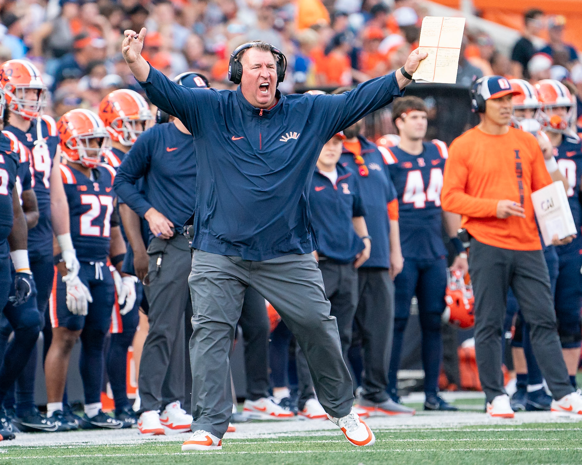 CHAMPAIGN, IL - OCTOBER 12, 2024: University of Illinois Head Coach Bret Bielema during the Purdue University Boilermakers at University of Illinois Fighting Illini Football game at Memorial Stadium(Photo by Steve Bowen / Bowen Arrow Photography / Northern Indiana Sports Report)