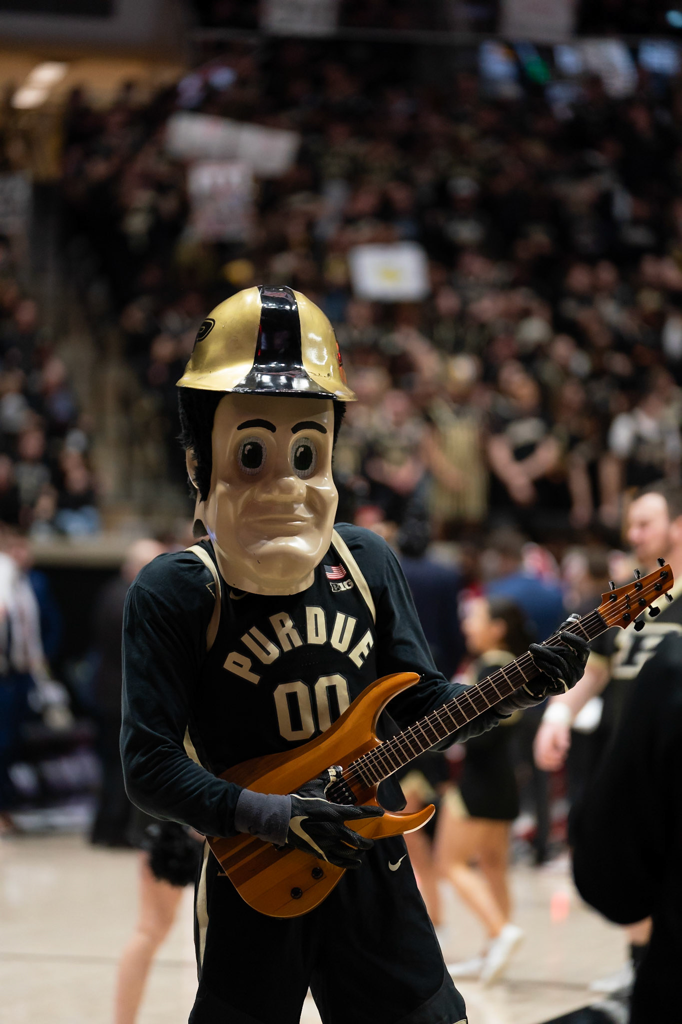 WEST LAFAYETTE, IN - FEBRUARY 10, 2024: Purdue Mascot Purdue Pete, Mackey Guitar in Purdue Boilermaker vs Indiana Hoosiers Basketball at Mackey Arena(Photo by Steve Bowen / Bowen Arrow Photography / Northern Indiana Sports Report)