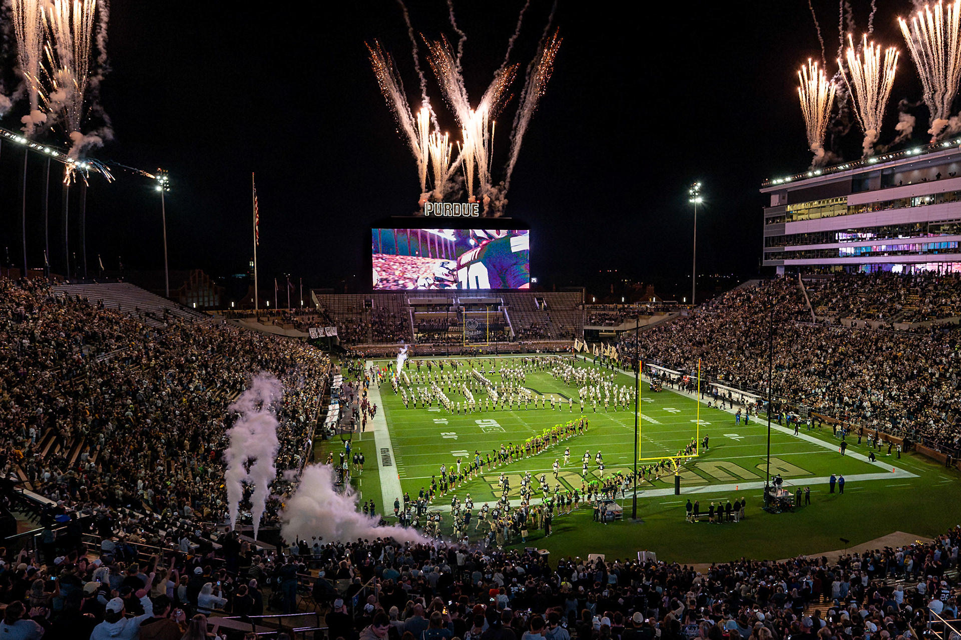 WEST LAFAYETTE, IN - OCTOBER 10, 2026: Fireworks as the Boilermakers run out of the tunnel before the Purdue vs Minnesota Golden Gophers football game at Ross-Ade Stadium(Photo by Steve Bowen / Northern Indiana Sports Report)