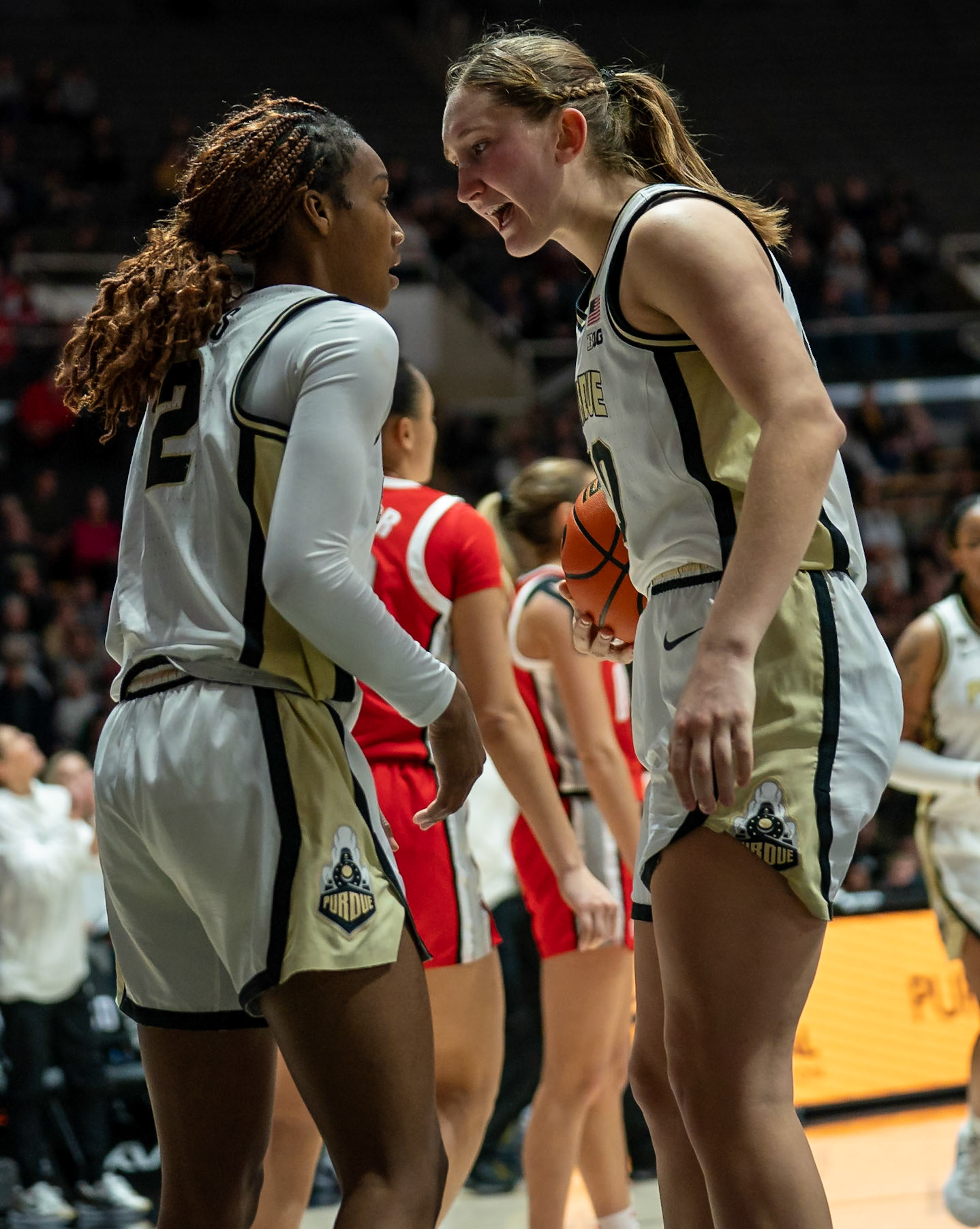 WEST LAFAYETTE, IN - JANUARY 28, 2024: Purdue Freshman Forward Mary Ashley Stevenson (20), Purdue Freshman Guard Rashunda Jones (2) competing in Purdue Boilermaker Women's Basketball versus the Ohio State Buckeyes at Mackey Arena(Photo by Steve Bowen / Bowen Arrow Photography / Northern Indiana Sports Report)