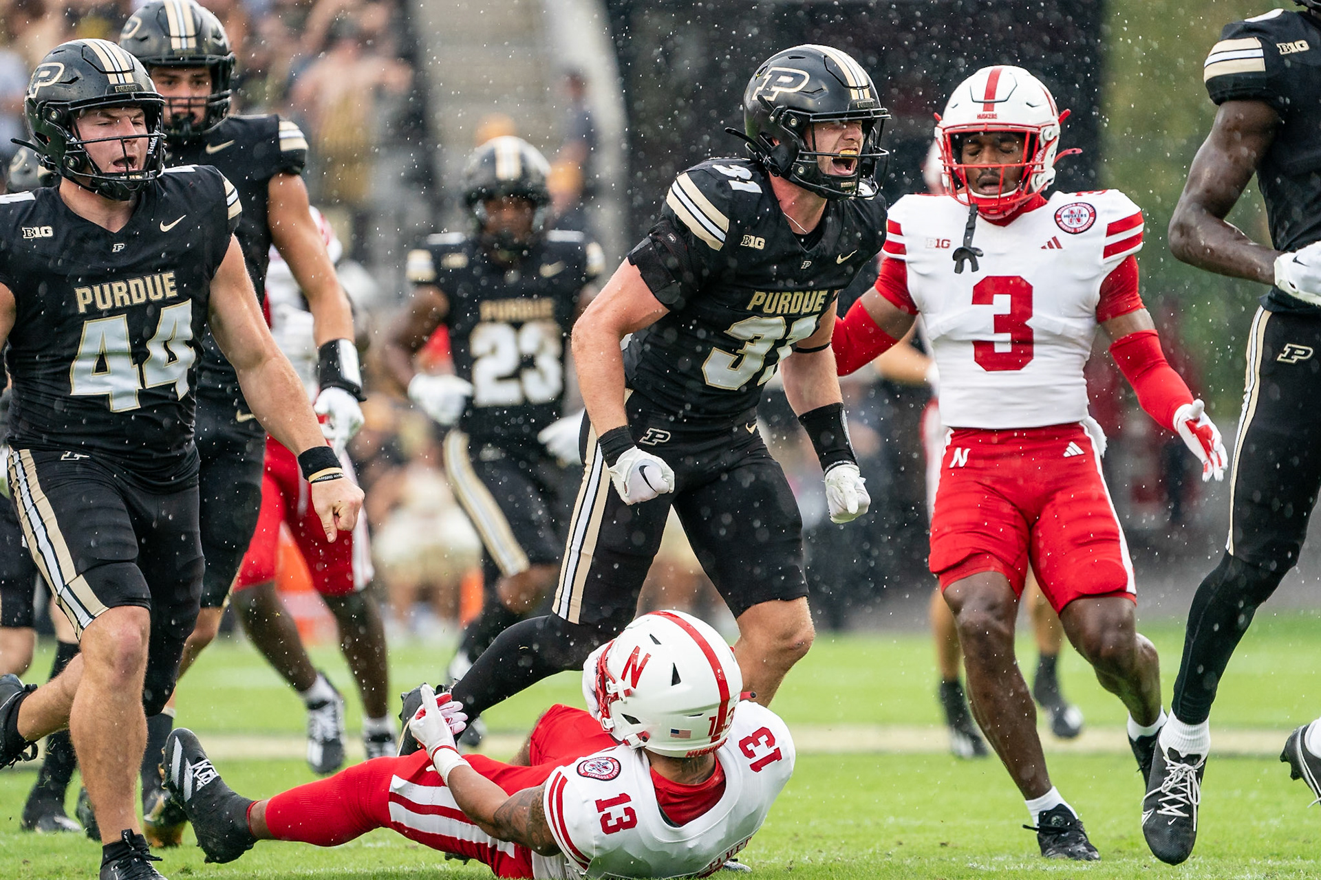 WEST LAFAYETTE, IN - SEPTEMBER 28, 2024: Purdue University Sophomore Defensive Back Dillon Thieneman (31), Nebraska University Senior Wide Receiver Isaiah Garcia-Castaneda (13) during the Purdue University Boilermakers vs Nebraska University Cornhuskers Football game at Ross-Ade Stadium(Photo by Steve Bowen / Bowen Arrow Photography / Northern Indiana Sports Report)