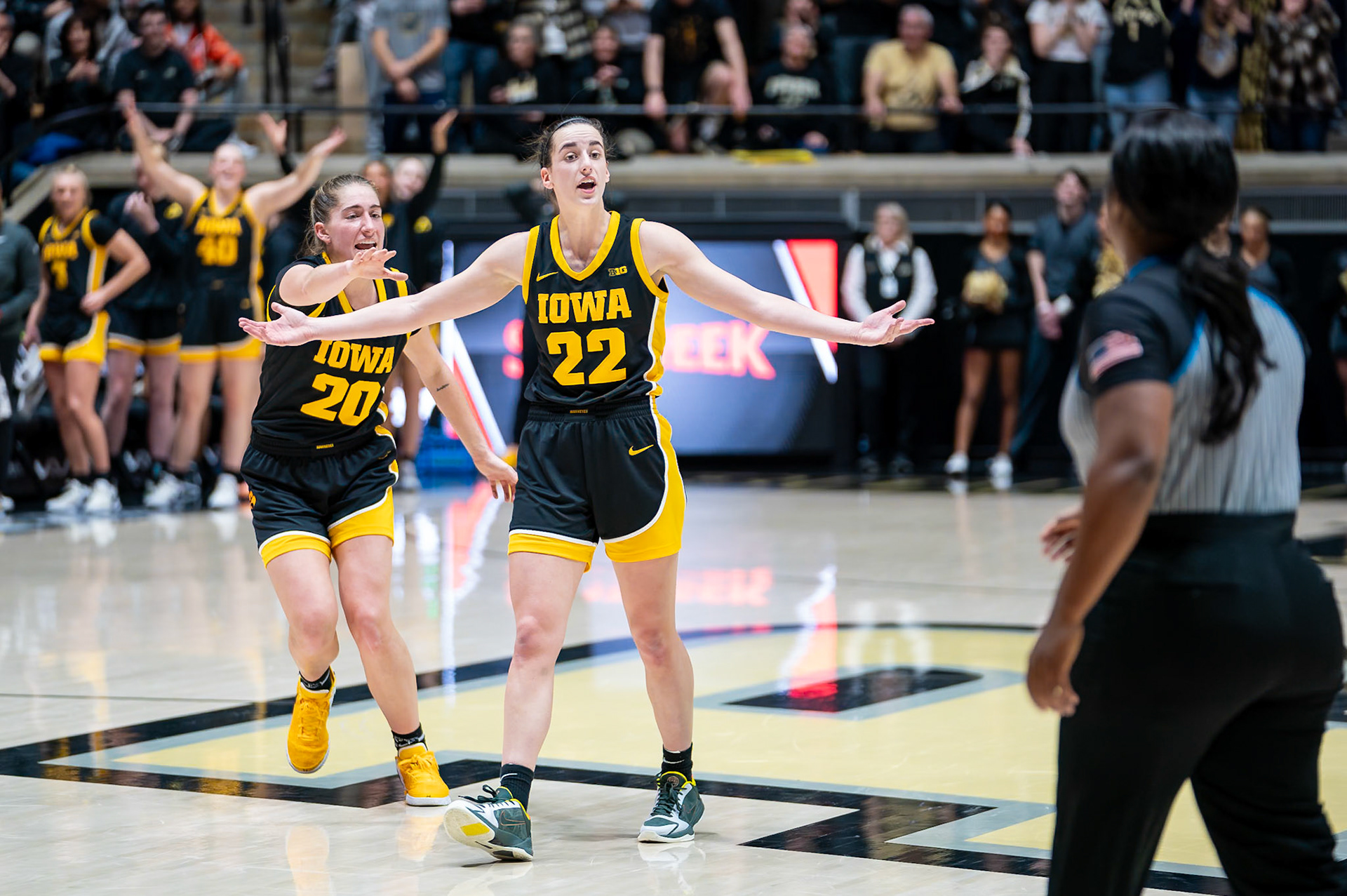 WEST LAFAYETTE, IN - JANUARY 10, 2024: Iowa Guard Senior Caitlin Clark (22), Iowa Guard Graduate Kate Martin (20) competing in Purdue Boilermaker Women's Basketball vs the Iowa Hawkeyes at Mackey Arena(Photo by Steve Bowen / Bowen Arrow Photography / Northern Indiana Sports Report)