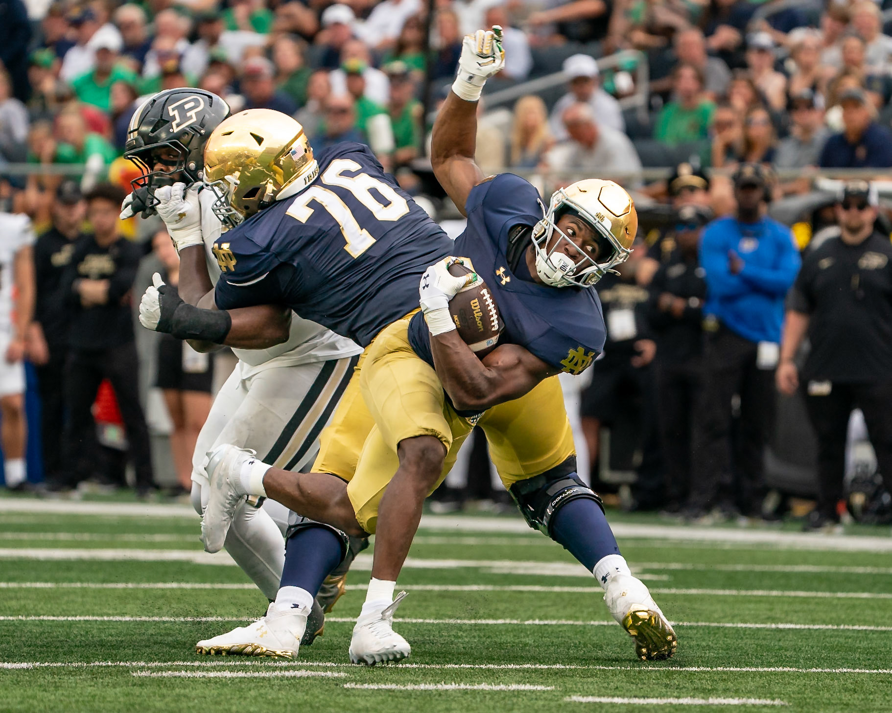 SOUTH BEND, IN - SEPTEMBER 20, 2025: Notre Dame University Junior RB Jadarian Price (24) gets away from a tackle during the Purdue Boilermakers at Notre Dame Fighting Irish Football at Notre Dame Stadium(Photo by Steve Bowen / Northern Indiana Sports Report)