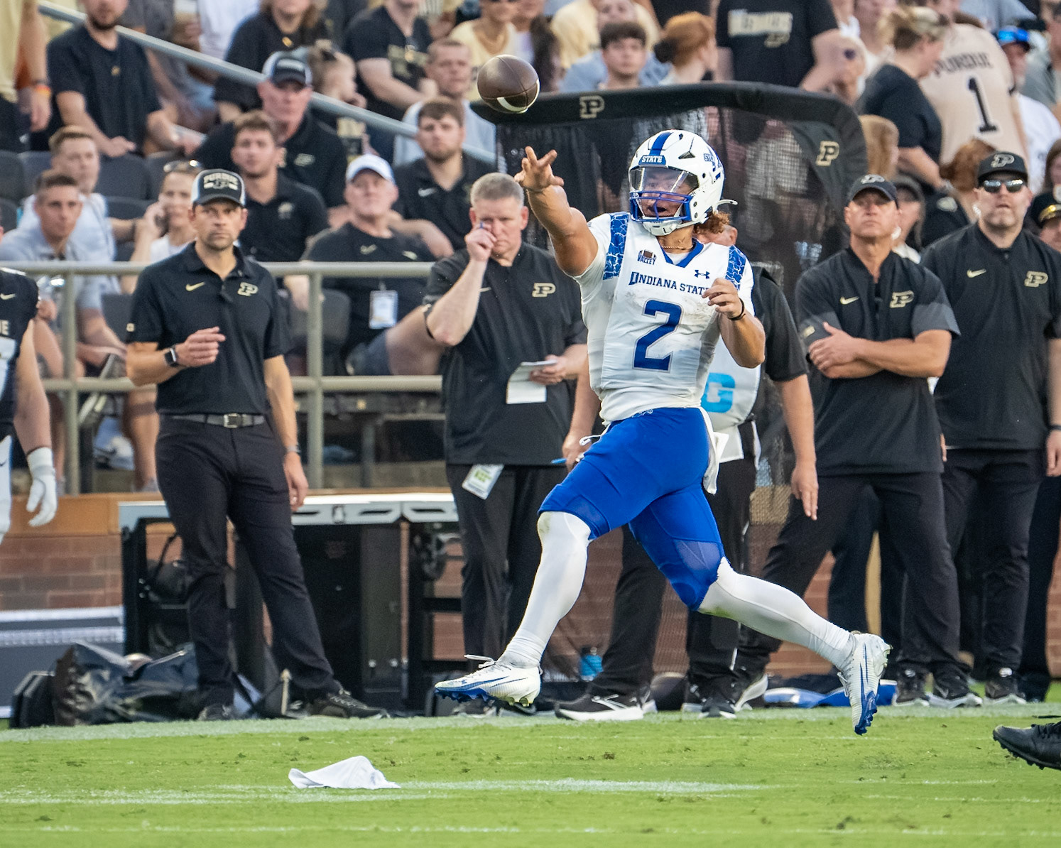 WEST LAFAYETTE, IN - SEPTEMBER 4, 2026: Indiana State University Quarterback Elijah Owens (2) throwing a pass while running towards the sideline during the Purdue Boilermaker Football game vs the Indiana State Sycamores at Ross-Ade Stadium(Photo by Steve Bowen / Northern Indiana Sports Report)