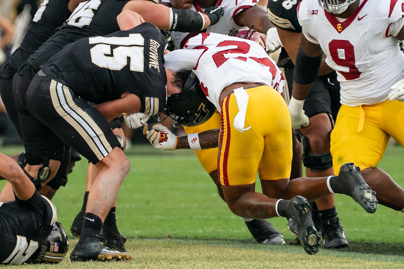 WEST LAFAYETTE, IN - SEPTEMBER 13, 2025: Purdue University Sophomore Quaterback Ryan Browne (15), USC Junior S Christian Pierce (24) in Purdue Boilermaker Football vs University of Southern California Trojans at Ross-Ade Stadium(Photo by Steve Bowen / Northern Indiana Sports Report)