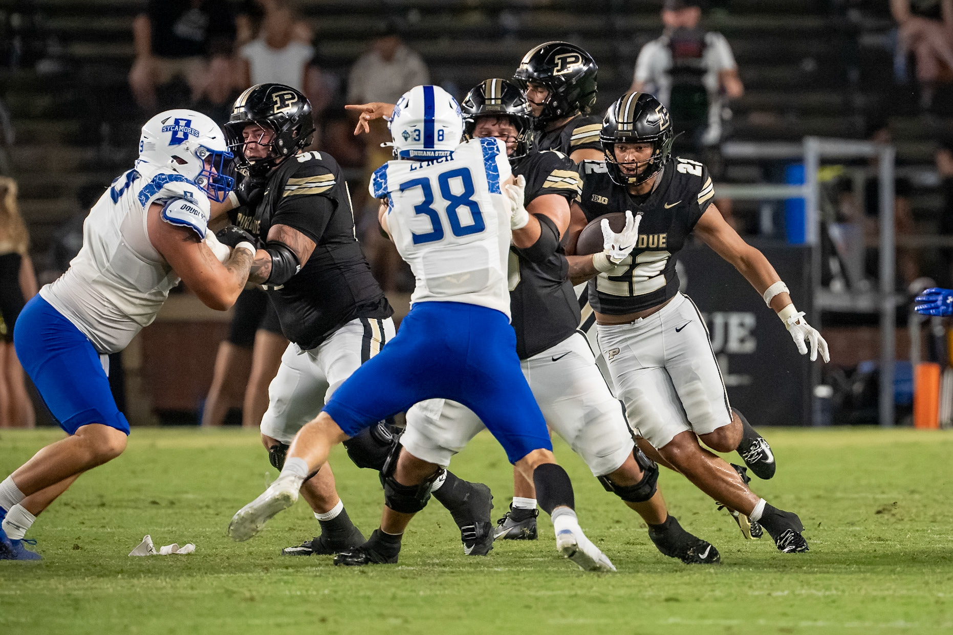 WEST LAFAYETTE, IN - SEPTEMBER 4, 2026: Purdue University Freshman Running Back Antonio Harris (22) finding his way behind his blockers during the Purdue Boilermaker Football game vs the Indiana State Sycamores at Ross-Ade Stadium(Photo by Steve Bowen / Northern Indiana Sports Report)