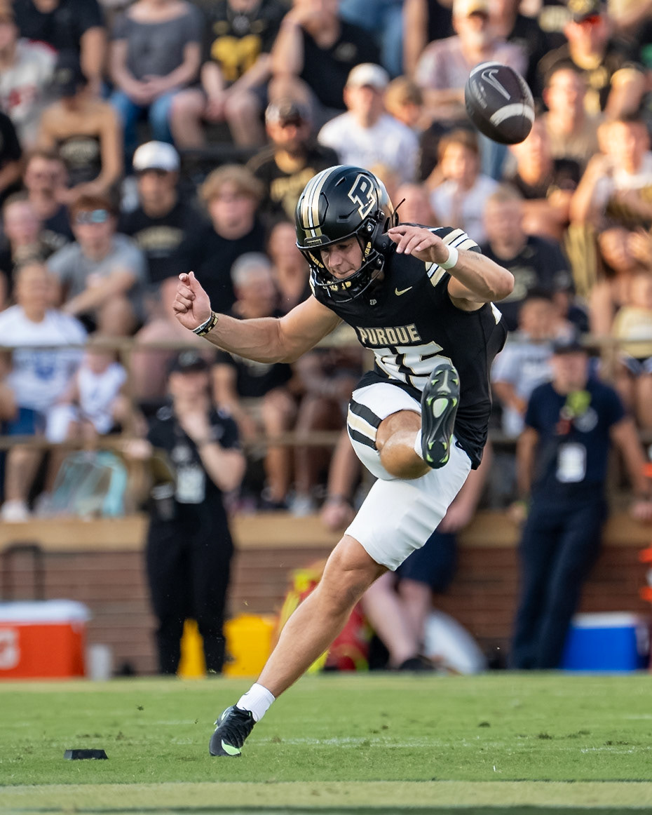 WEST LAFAYETTE, IN - SEPTEMBER 4, 2026: Purdue University Freshman Kicker Seth Turner (45) kicks off in the 1st quarter of the Purdue Boilermaker Football game vs the Indiana State Sycamores at Ross-Ade Stadium(Photo by Steve Bowen / Northern Indiana Sports Report)