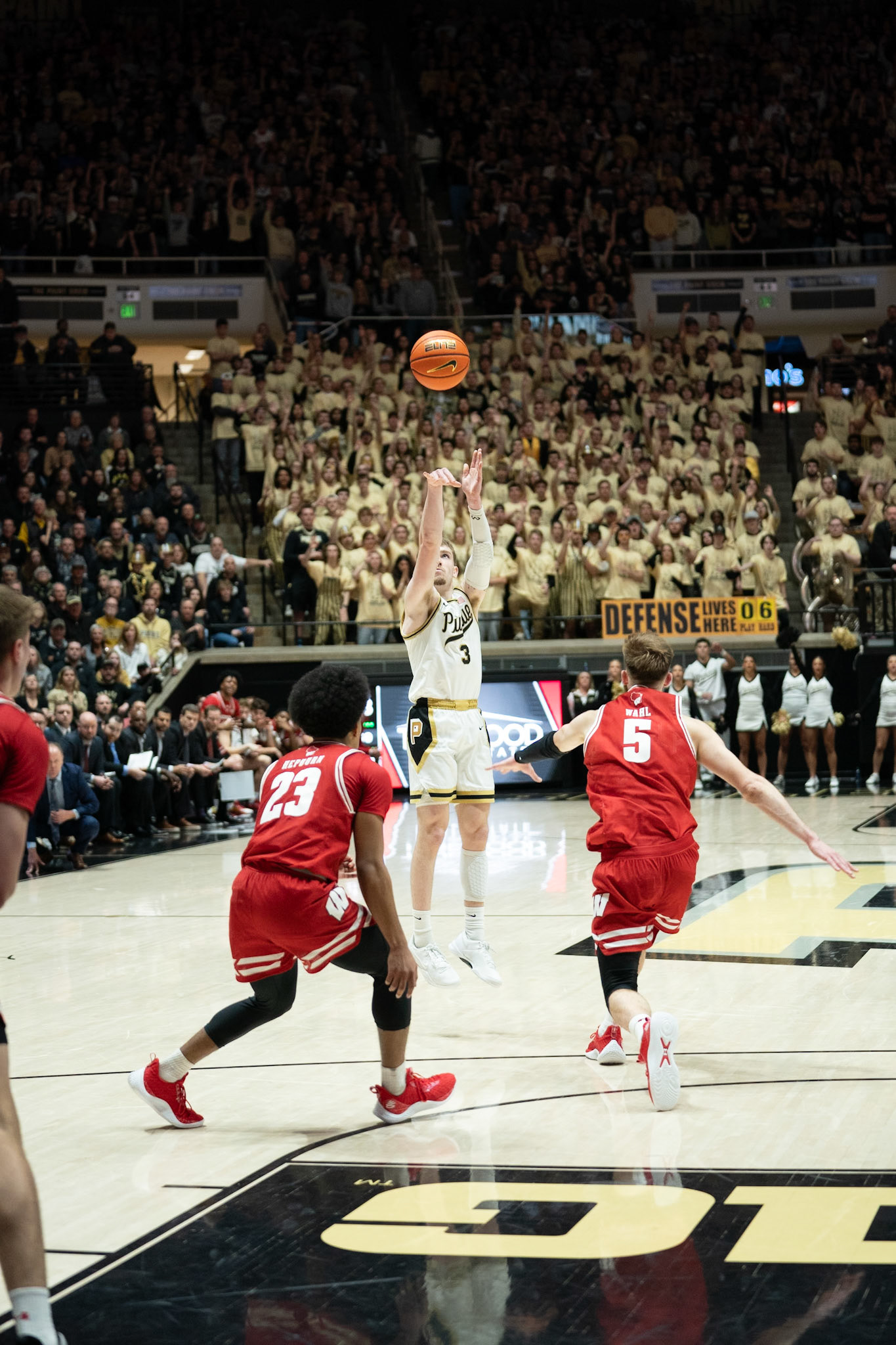 WEST LAFAYETTE, IN - MARCH 10, 2024: Purdue Sophomore Guard Braden Smith (3), Wisconsin Graduate Forward Tyler Wahl (5), Wisconsin Junior Guard Chucky Hepburn (23) in Purdue University Boilermaker Basketball vs University of Wisconsin Badgers at Mackey Arena(Photo by Steve Bowen / Bowen Arrow Photography / Northern Indiana Sports Report)