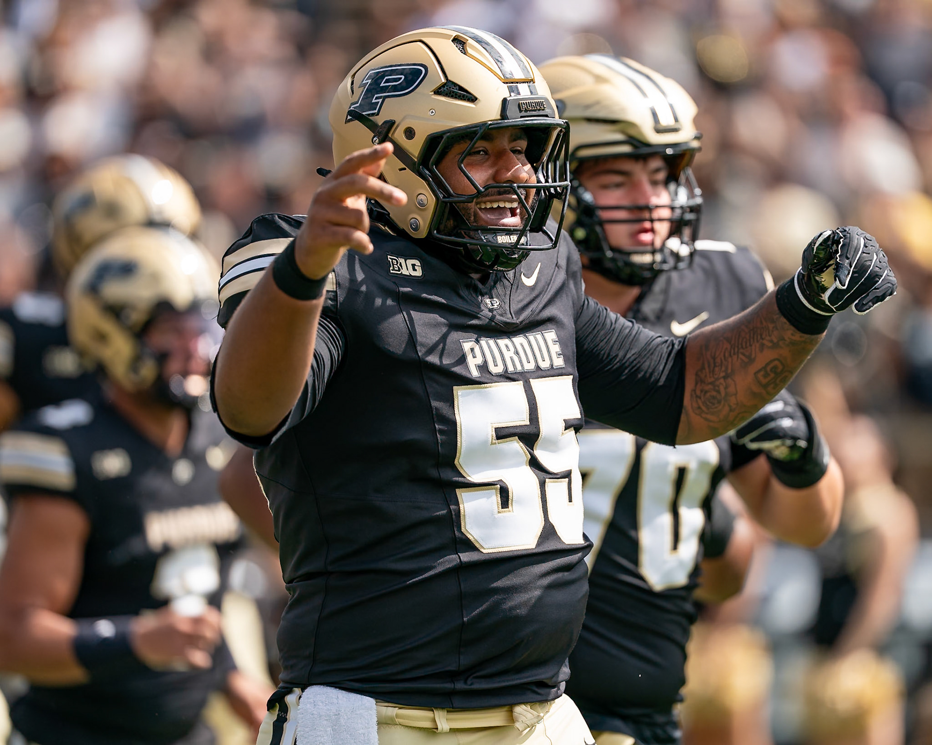 WEST LAFAYETTE, IN - AUGUST 30, 2025: Purdue University Sophomore Offensive Lineman Bradyn Joiner (55) running onto the field just before the game at Purdue Boilermaker Football vs Ball State Football at Ross-Ade Stadium(Photo by Steve Bowen / Northern Indiana Sports Report)