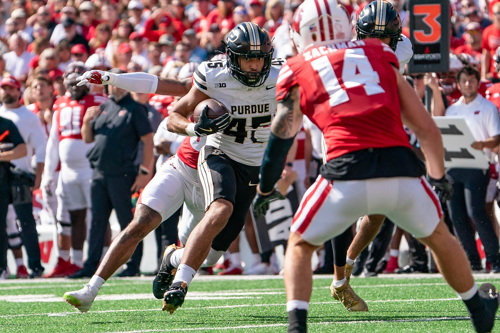 MADISON, WI - OCTOBER 5, 2024: Purdue University Junior Running Back Devin Mockobee (45) running after catching a pass during the Purdue University Boilermakers at University of Wisconsin Badger Football game at Camp Randall Stadium(Photo by Steve Bowen / NISports Report)