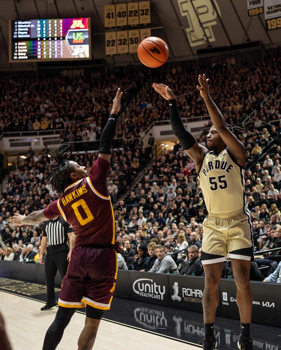 WEST LAFAYETTE, IN - FEBRUARY 15, 2024: Purdue 5th year Guard Lance Jones (55), Minnesota Junior Guard Elijah Hawkins (0) in Purdue Boilermakers Men's Basketball vs the Minnesota Golden Gophers at Mackey Arena(Photo by Steve Bowen / Bowen Arrow Photography / Northern Indiana Sports Report)
