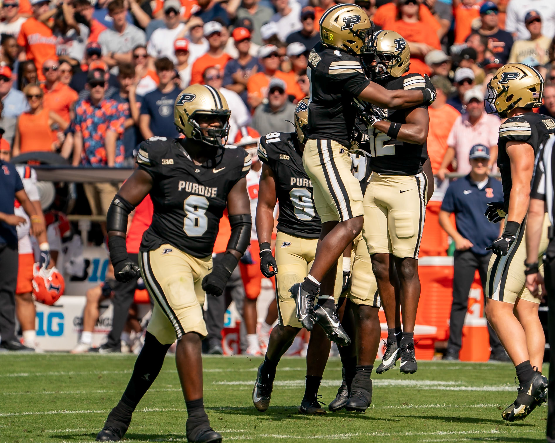 WEST LAFAYETTE, IN - OCTOBER 4, 2025: Purdue University Sophomore Defensive Back Smiley Bradford (1), and Purdue University Junior Defensive Back Ryan Turner (12) celebrate a sack during the Purdue Boilermaker Football vs University of Illinois Fighting Illini at Ross-Ade Stadium(Photo by Steve Bowen / Northern Indiana Sports Report)