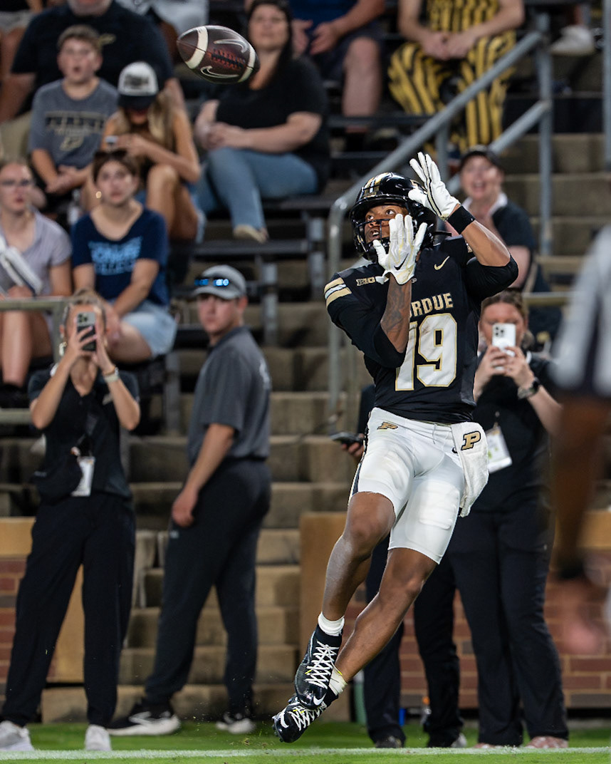 WEST LAFAYETTE, IN - SEPTEMBER 4, 2026: Purdue University Sophomore Wide Receiver Asaad Waseem (19) jumps up to catch a touchdown pass in the 3rd quarter of the Purdue Boilermaker Football game vs the Indiana State Sycamores at Ross-Ade Stadium(Photo by Steve Bowen / Northern Indiana Sports Report)
