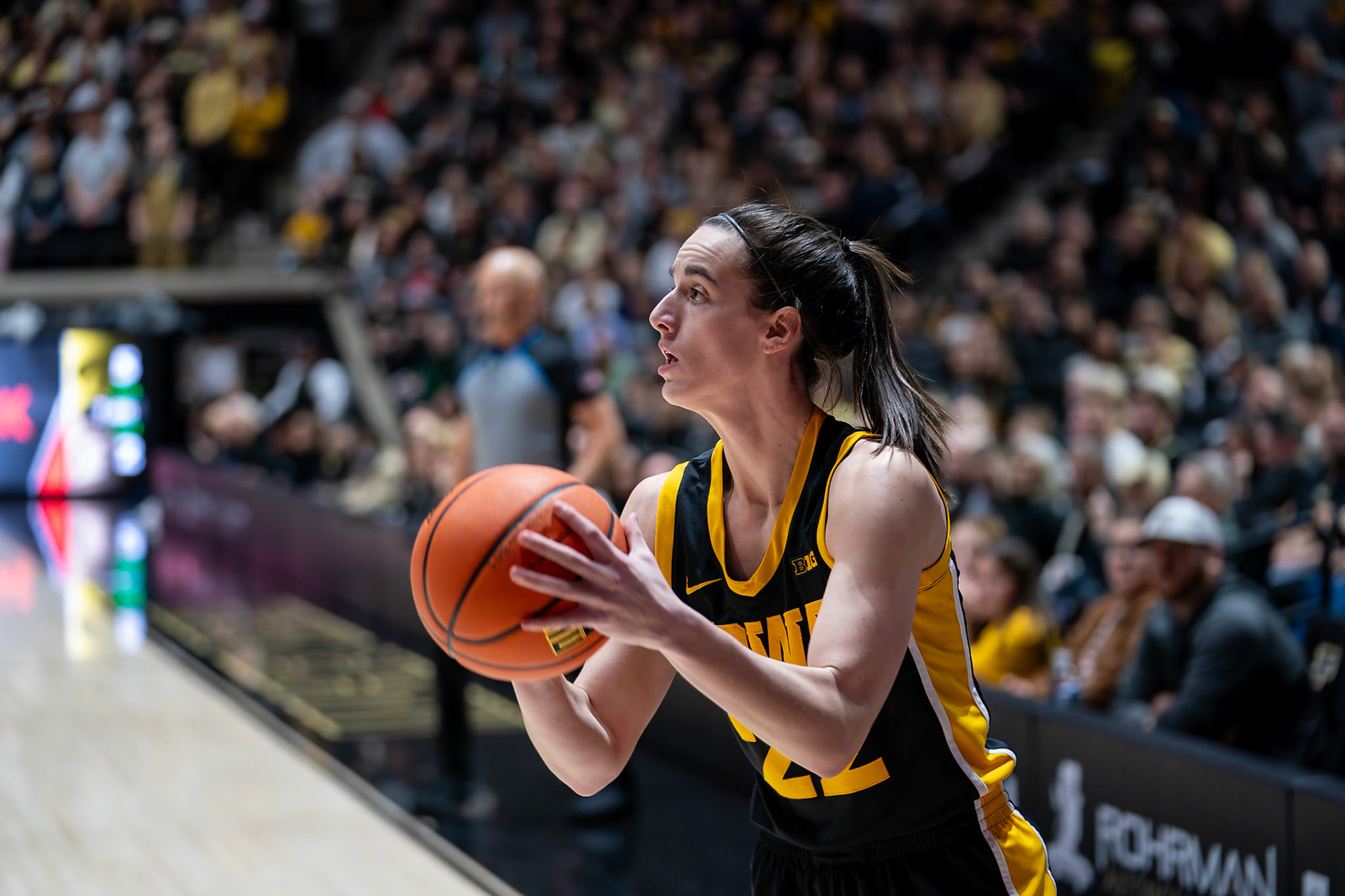 WEST LAFAYETTE, IN - JANUARY 10, 2024: Iowa Guard Senior Caitlin Clark (22) competing in Purdue Boilermaker Women's Basketball vs the Iowa Hawkeyes at Mackey Arena(Photo by Steve Bowen / Bowen Arrow Photography / Northern Indiana Sports Report)