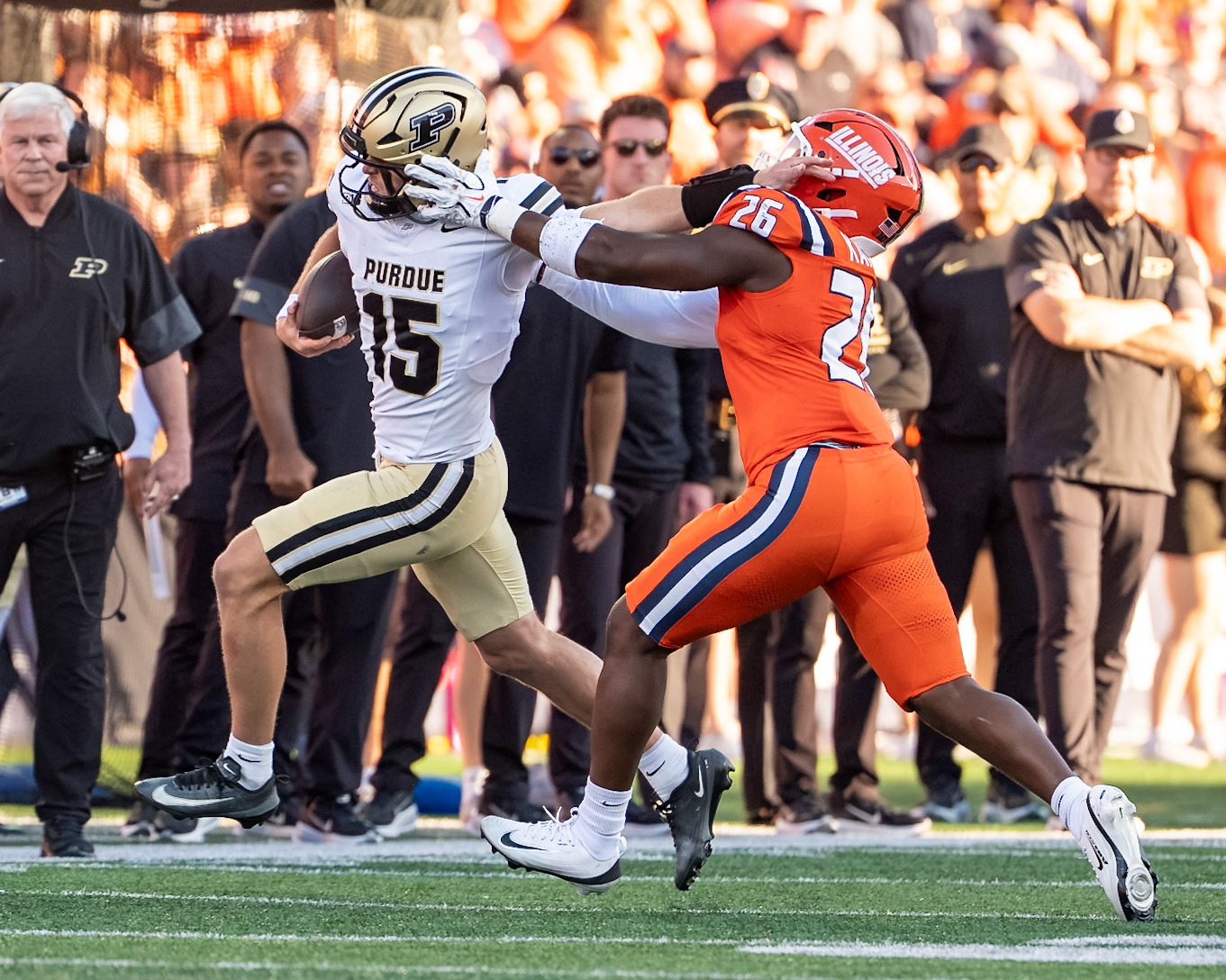 CHAMPAIGN, IL - OCTOBER 3, 2026: Purdue University Quarterback Ryan Browne (15), University of Illinois 5th Year LB Ismael Kante (26) during the Purdue Boilermakers at Illinois Fighting Illini football game at Gies Memorial Stadium(Photo by Steve Bowen / Northern Indiana Sports Report)