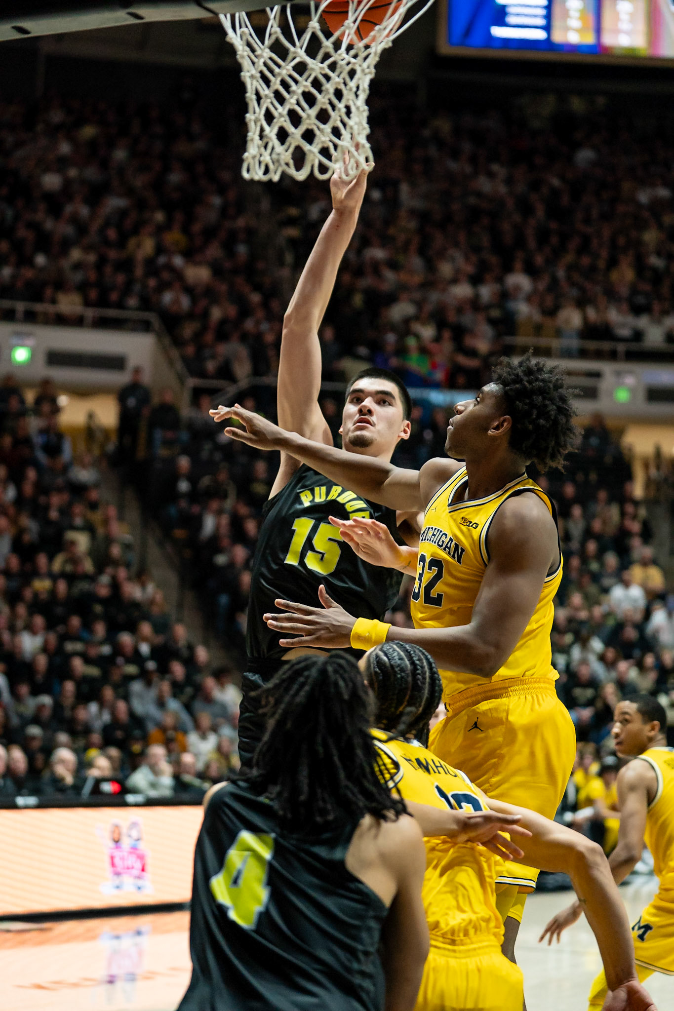 WEST LAFAYETTE, IN - JANUARY 23, 2024: Purdue Senior Center Zach Edey (15), Michigan Sophomore Forward Tarris Reed Jr. (32) competing in Purdue versus Michigan Mens Basketball at Mackey Arena(Photo by Steve Bowen / Bowen Arrow Photography / Northern Indiana Sports Report)