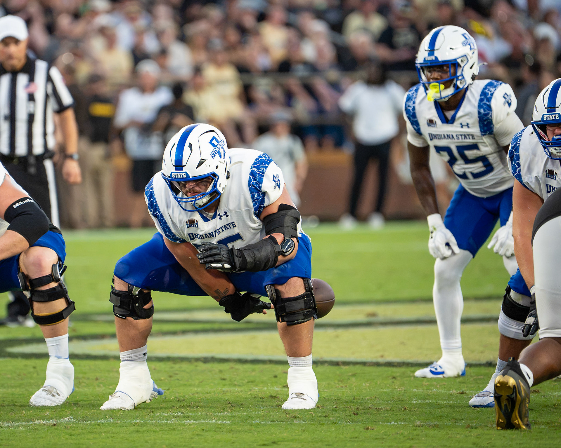 WEST LAFAYETTE, IN - SEPTEMBER 4, 2026: Indiana State University Offensive Lineman Drew Page (75) snaps the ball during their game against the Purdue Boilermakers Ross-Ade Stadium(Photo by Steve Bowen / Northern Indiana Sports Report)