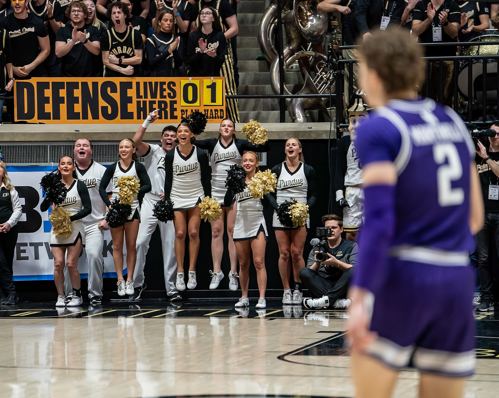 WEST LAFAYETTE, IN - JANUARY 31, 2024: Spirit Squad cheering in Purdue Boilermakers Mens Basketball versus the Northwestern Wildcats at Mackey Arena(Photo by Steve Bowen / Bowen Arrow Photography / Northern Indiana Sports Report)