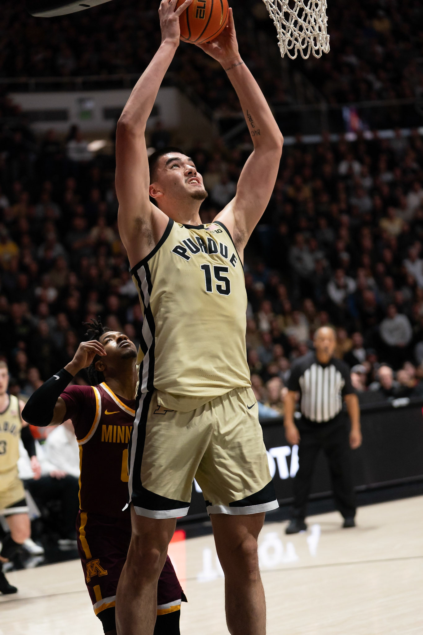 WEST LAFAYETTE, IN - FEBRUARY 15, 2024: Purdue Senior Center Zach Edey (15) in Purdue Boilermakers Men's Basketball vs the Minnesota Golden Gophers at Mackey Arena(Photo by Steve Bowen / Bowen Arrow Photography / Northern Indiana Sports Report)