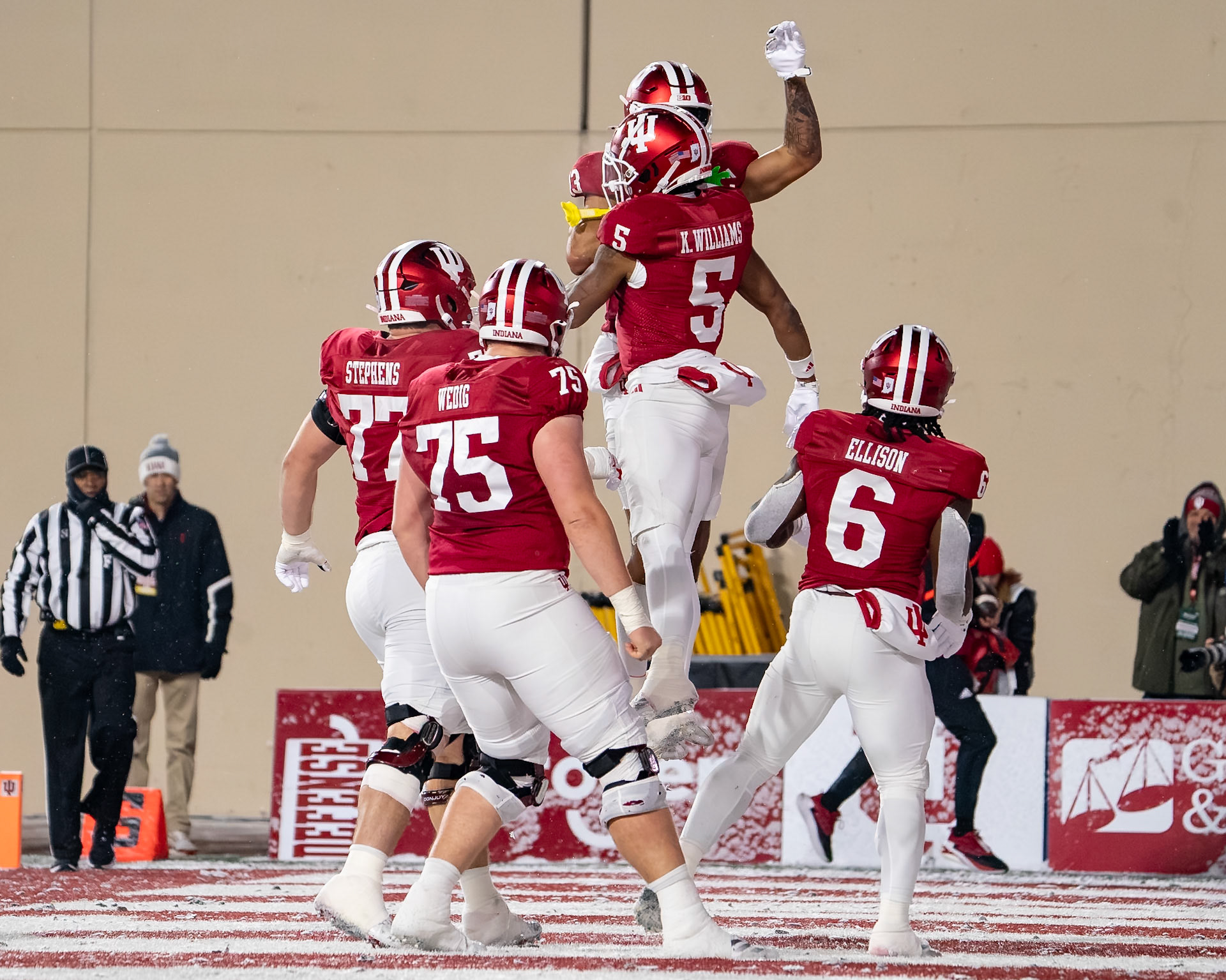 BLOOMINGTON, IN - NOVEMBER 30, 2024: Indiana University 5th Year Senior WR Ke'Shawn Williams (5), Indiana University Junior WR Elijah Sarratt (13), Indiana University 5th Year Senior OL Tyler Stephens (77), Indiana University Redshirt Senior OL Trey Wedig (75), Indiana University 5th Year Senior RB Justice Ellison (6) during the Purdue University Boilermakers at Indiana University Hoosiers Football game at Memorial Stadium(Photo by Steve Bowen / Bowen Arrow Photography / Northern Indiana Sports Report)
