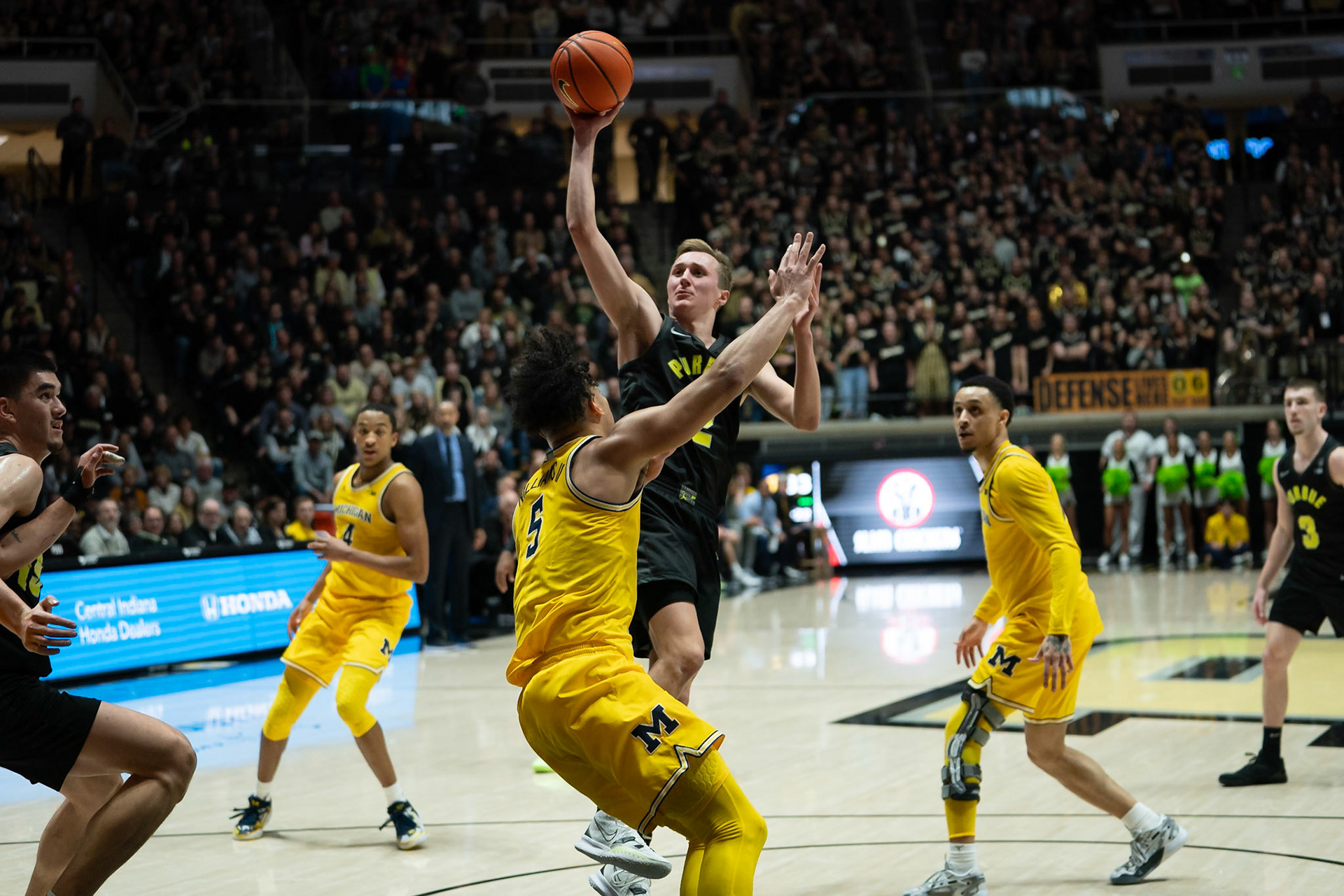 WEST LAFAYETTE, IN - JANUARY 23, 2024: Purdue Sophomore Guard Fletcher Loyer (2), Michigan Senior Forward Terrance Williams II (5) competing in Purdue versus Michigan Mens Basketball at Mackey Arena(Photo by Steve Bowen / Bowen Arrow Photography / Northern Indiana Sports Report)