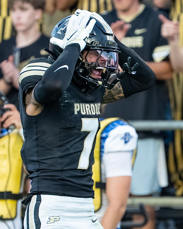 WEST LAFAYETTE, IN - SEPTEMBER 4, 2026: Purdue University Senior Defensive Back Donovan Saunders (7) showing emotion after a big play during the Purdue Boilermaker Football game vs the Indiana State Sycamores at Ross-Ade Stadium(Photo by Steve Bowen / Northern Indiana Sports Report)