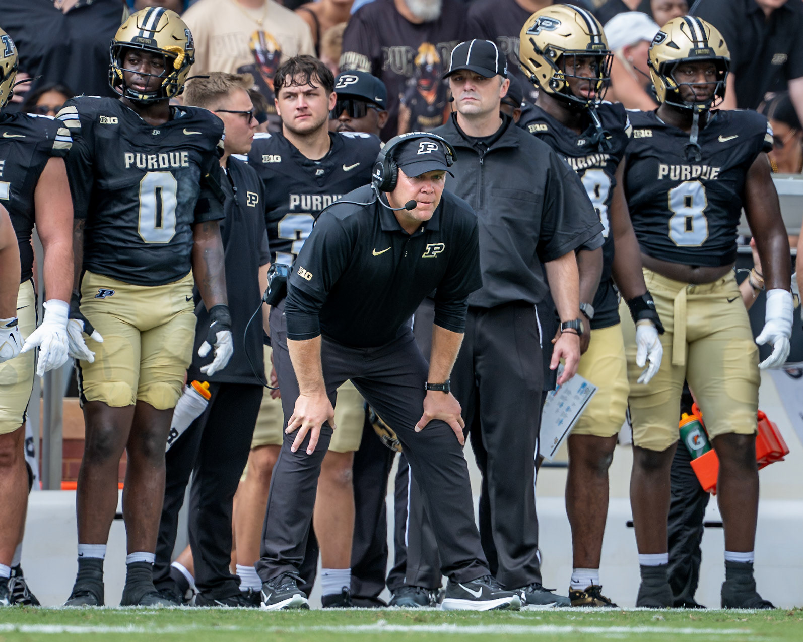 WEST LAFAYETTE, IN - SEPTEMBER 12, 2026: Purdue University Football Head Coach Barry Odom intently watches his defense during the Purdue Boilermaker Football vs the Wake Forest Demon Deacons at Ross-Ade Stadium(Photo by Steve Bowen / Northern Indiana Sports Report)