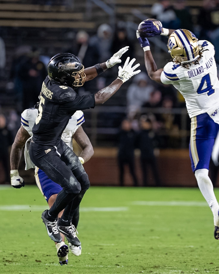 WEST LAFAYETTE, IN - OCTOBER 16, 2026: University of Washington S Rylon Dillard-Allen (4), Purdue University Senior Wide Receiver Chauncey Magwood (5) during the Purdue Boilermakers vs Washington Huskies football game at Ross-Ade Stadium(Photo by Steve Bowen / Northern Indiana Sports Report)