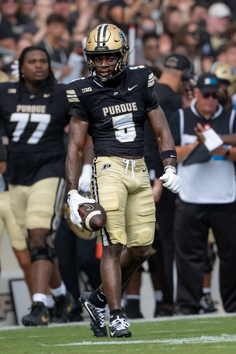 WEST LAFAYETTE, IN - SEPTEMBER 12, 2026: Purdue University Senior Wide Receiver Chauncey Magwood (5) just after making a first down catch during the Purdue Boilermakers football game vs the Wake Forest Demon Deacons at Ross-Ade Stadium(Photo by Steve Bowen / Northern Indiana Sports Report)