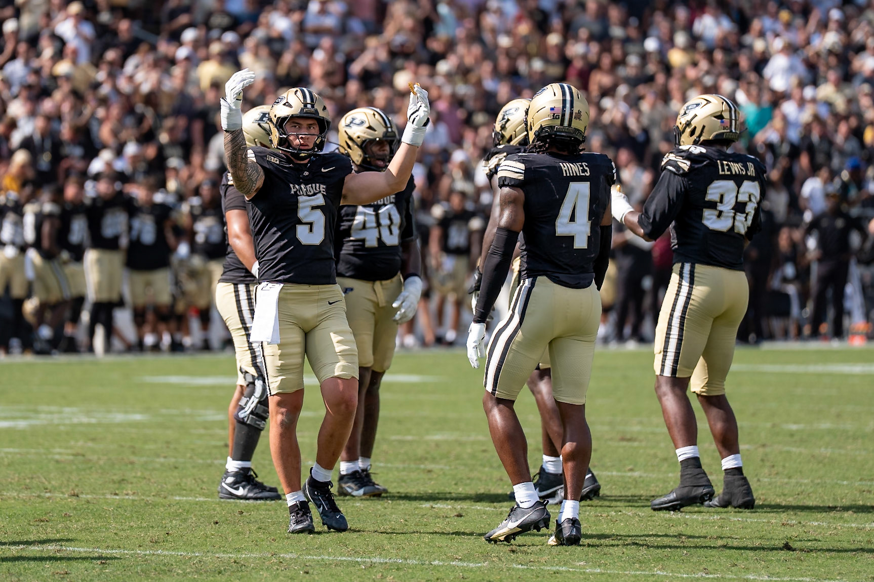 WEST LAFAYETTE, IN - SEPTEMBER 12, 2026: Purdue University Junior Linebacker Charles Correa (5) gets the crowd going before a 4th and 15 game deciding play during the Purdue Boilermakers football game vs the Wake Forest Demon Deacons at Ross-Ade Stadium(Photo by Steve Bowen / Northern Indiana Sports Report)